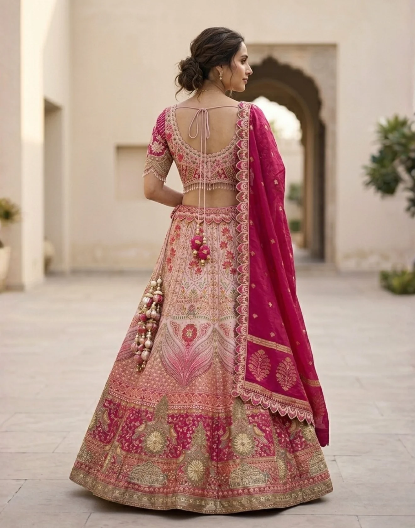 Rose Hues Floral Printed With Embroidery Bridal Lehenga Set - Image 2