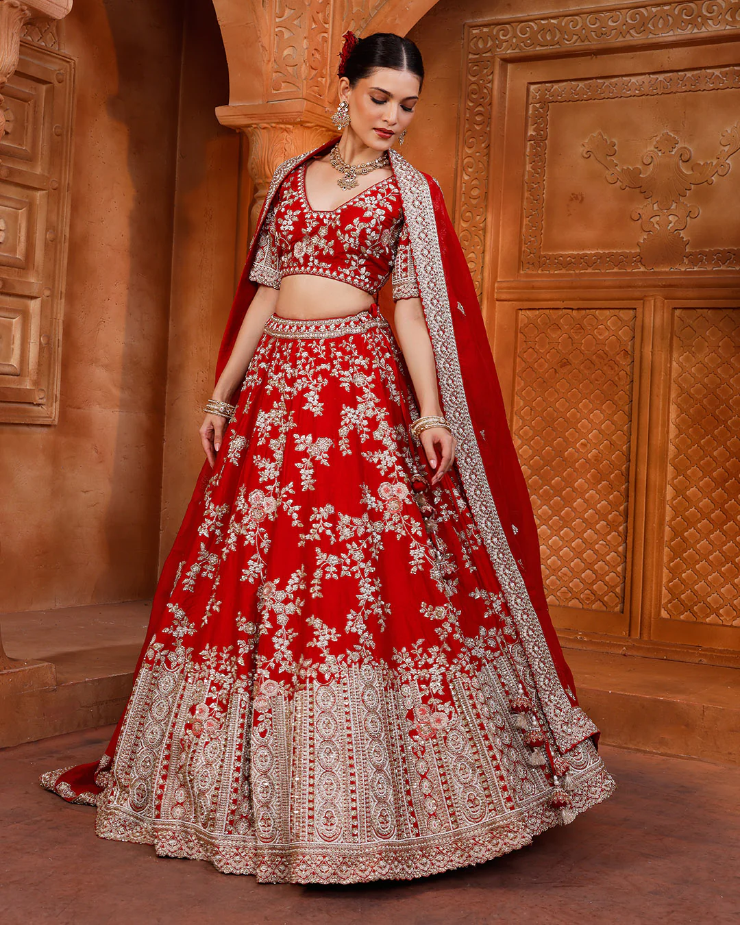 Rosette Red Embroidered Bridal Lehenga For Pheras - Image 2