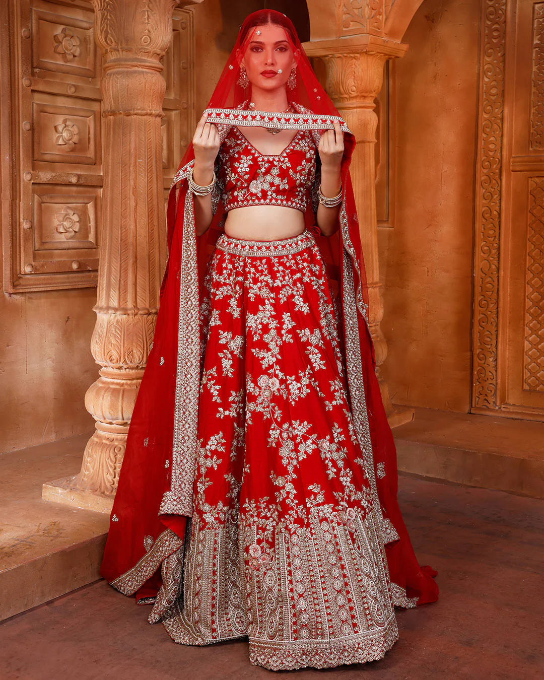 Rosette Red Embroidered Bridal Lehenga For Pheras - Image 3