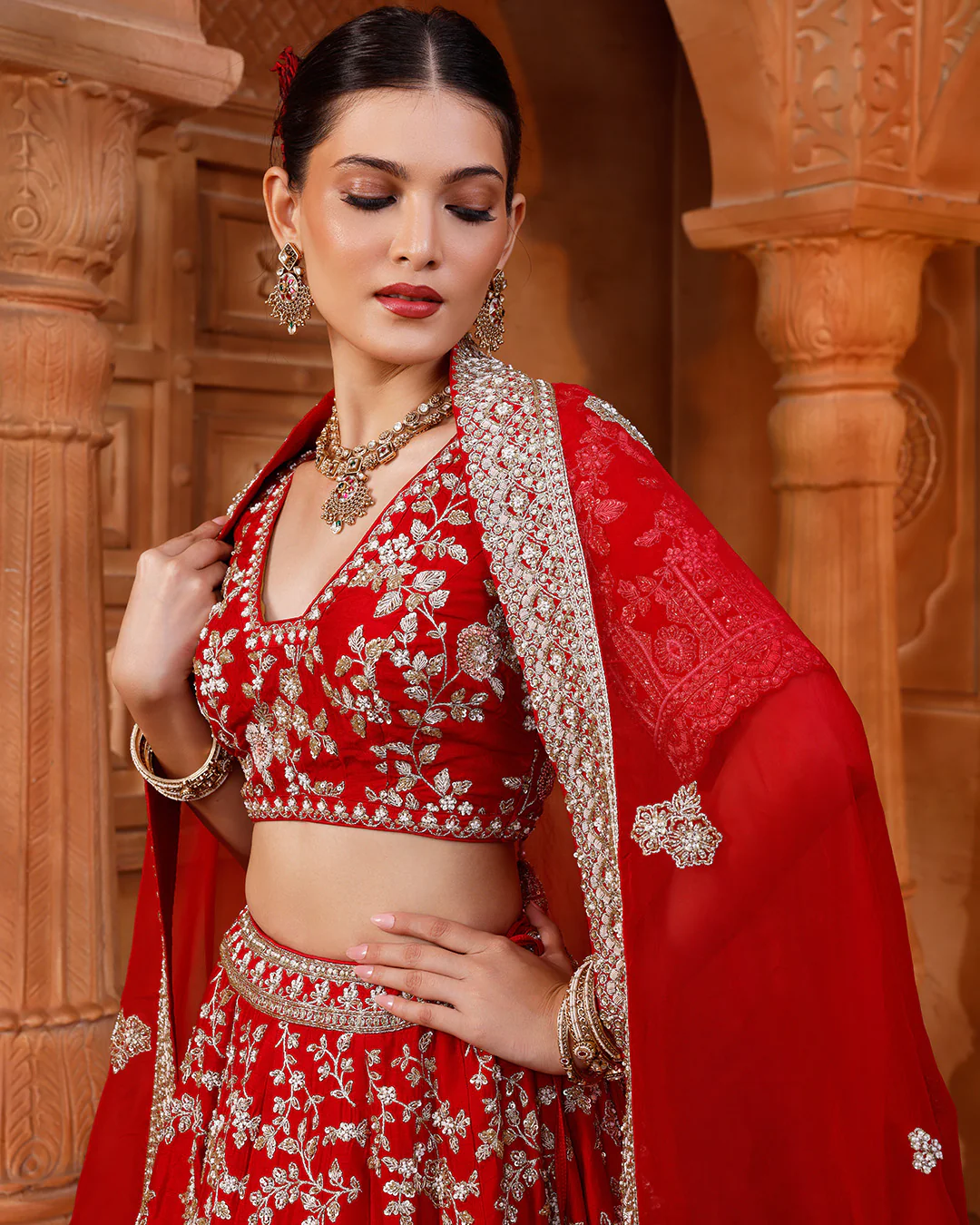 Rosette Red Embroidered Bridal Lehenga For Pheras - Image 4