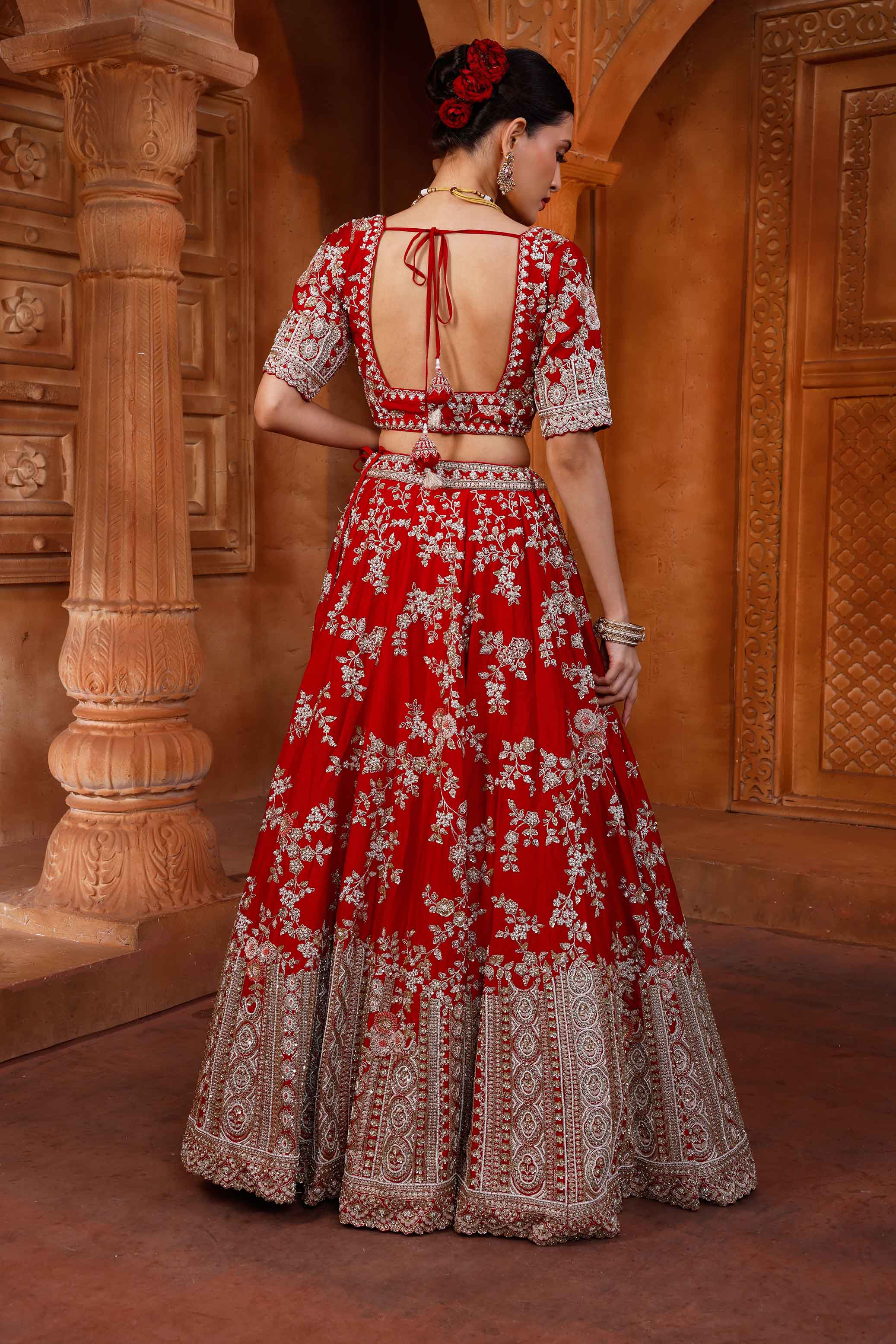 Rosette Red Embroidered Bridal Lehenga For Pheras - Image 5