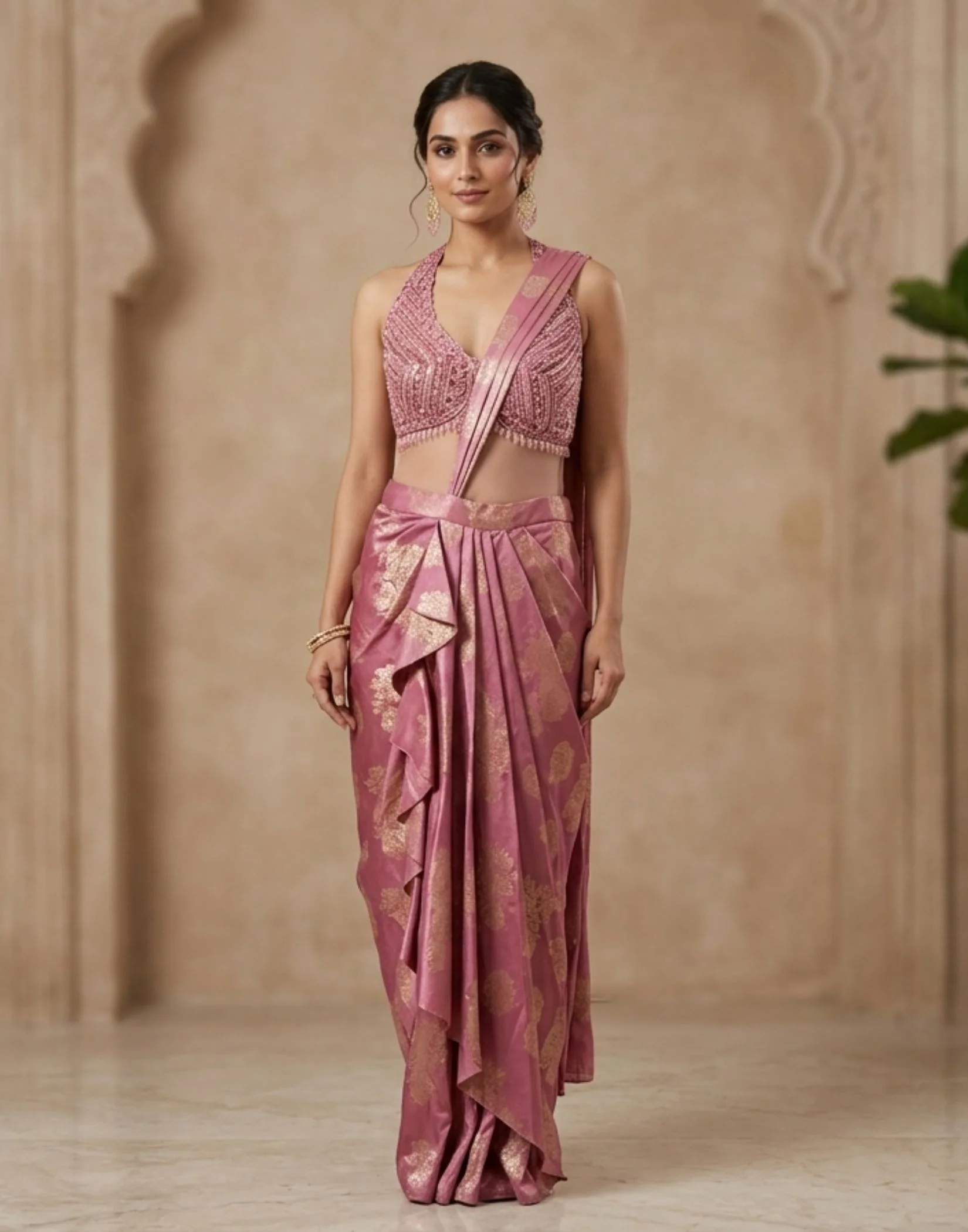 Rosewood Bloom Zari Jacquard Pre-Draped Saree