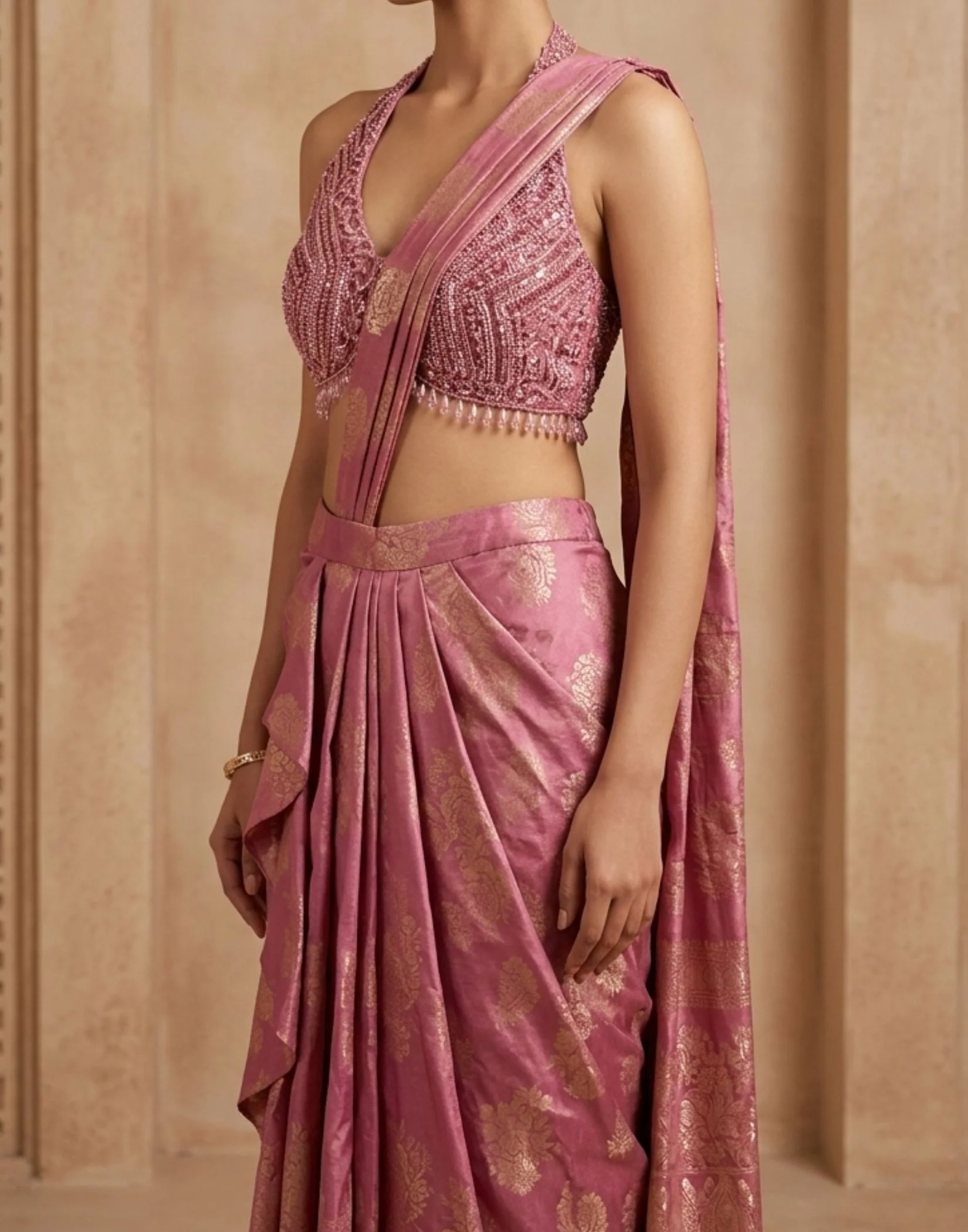 Rosewood Bloom Zari Jacquard Pre-Draped Saree - Image 2