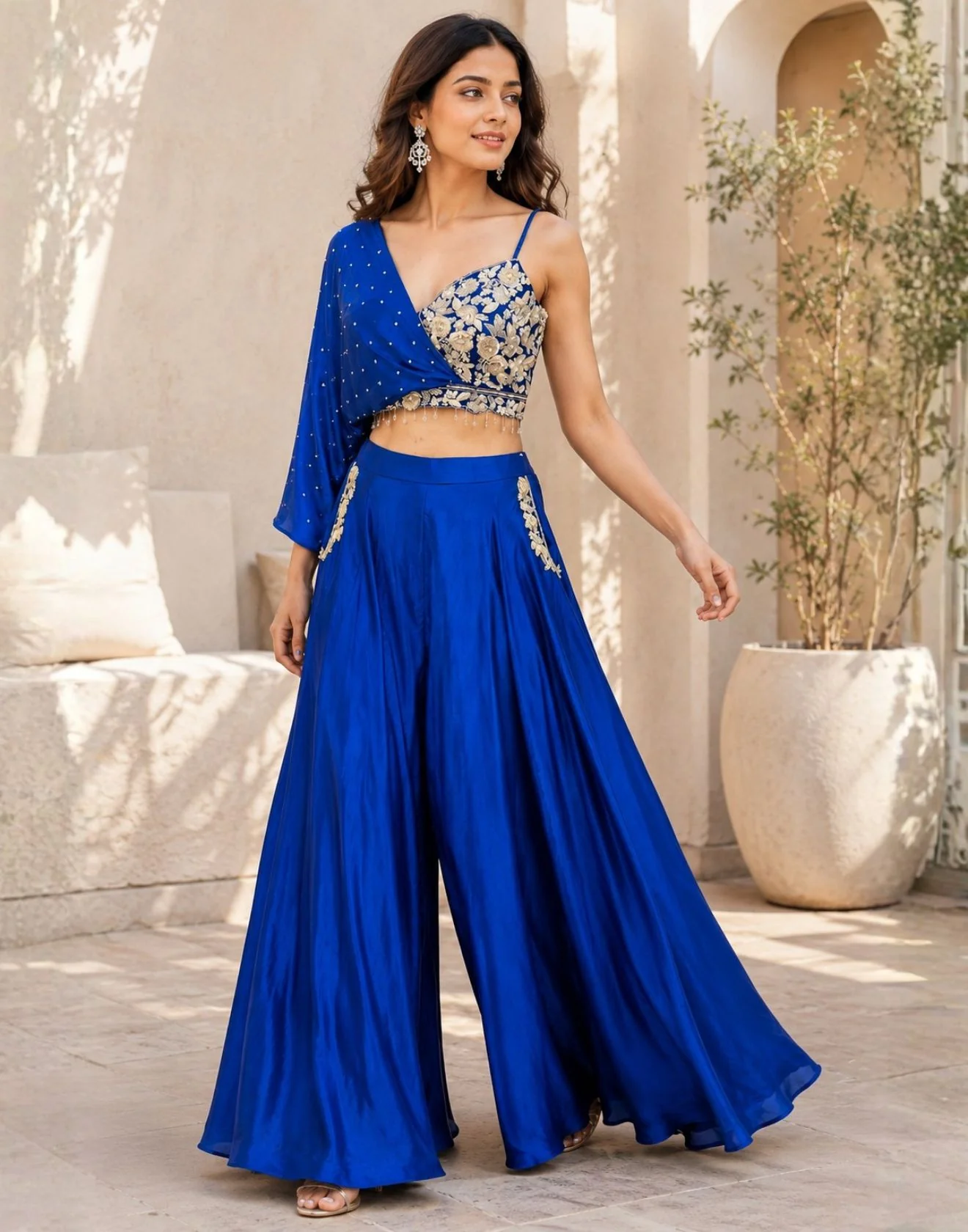 Royal Sapphire Embellished Drape Top & Palazzo Set