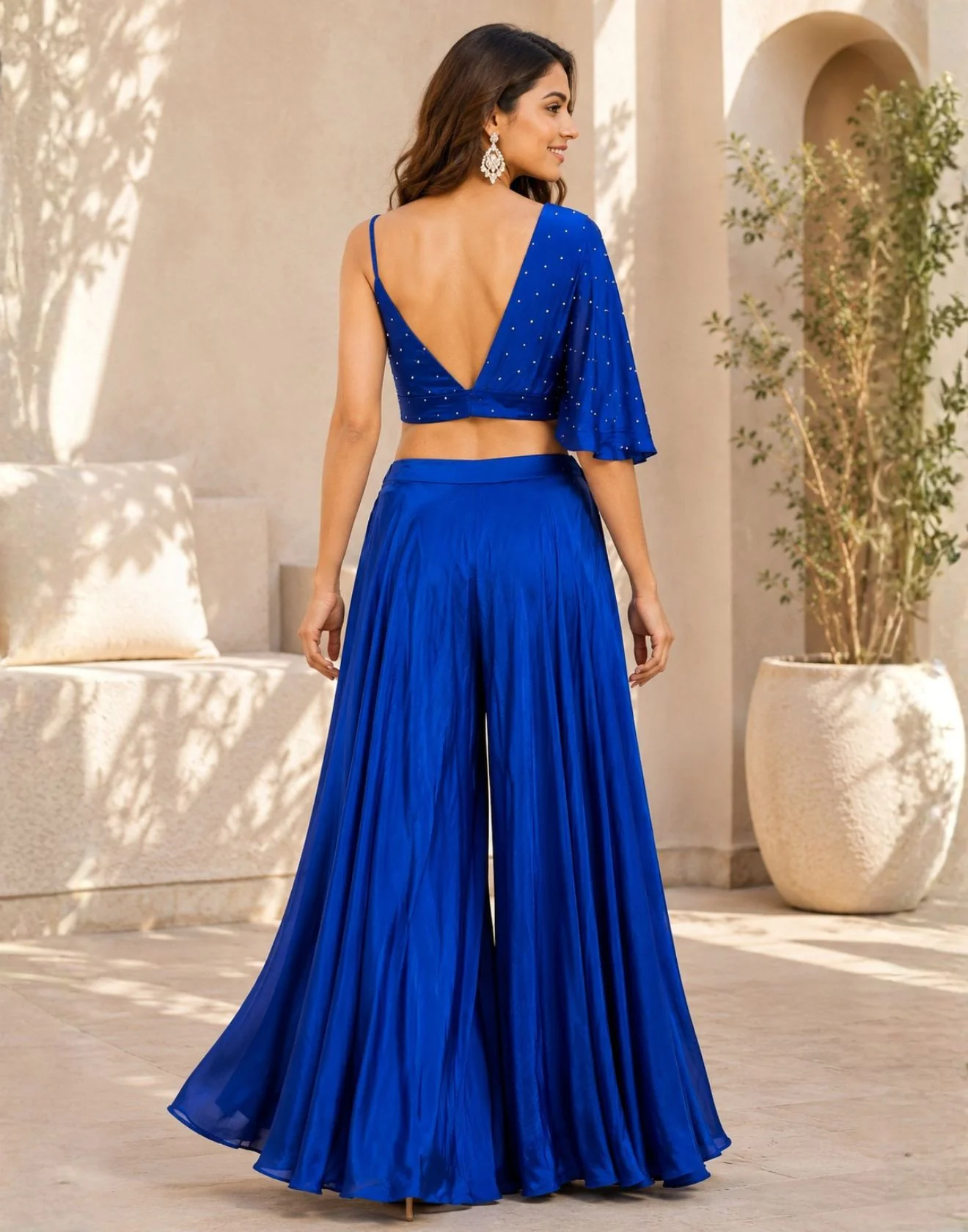 Royal Sapphire Embellished Drape Top & Palazzo Set - Image 2