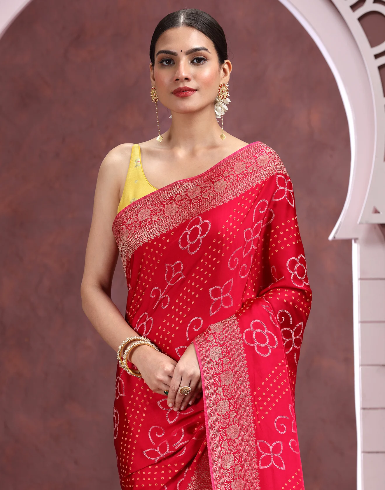 Ruby Pink Bandhej Printed Blended Silk Saree - Image 3