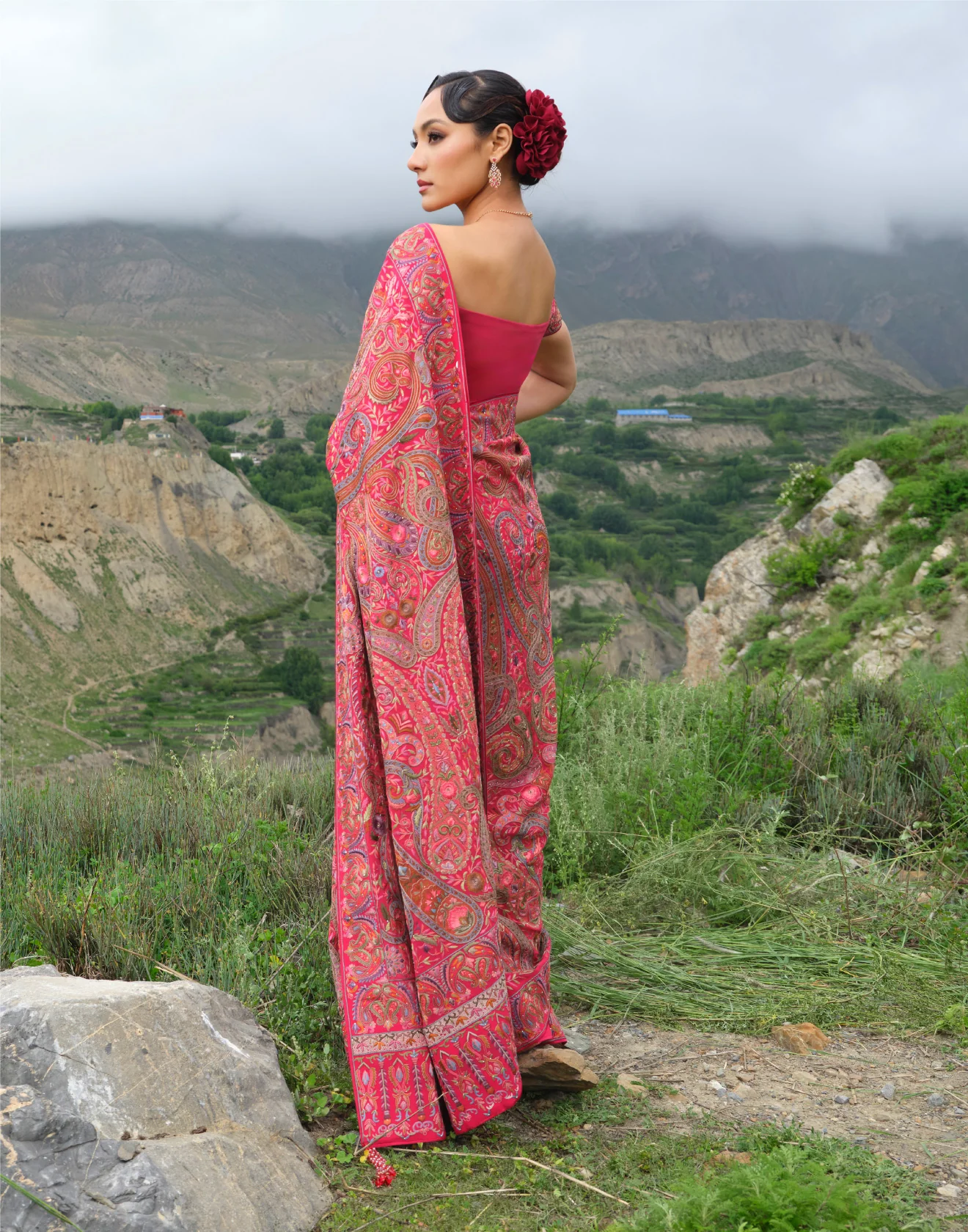 Ruby Red Pashmina Embroidered Saree - Image 4