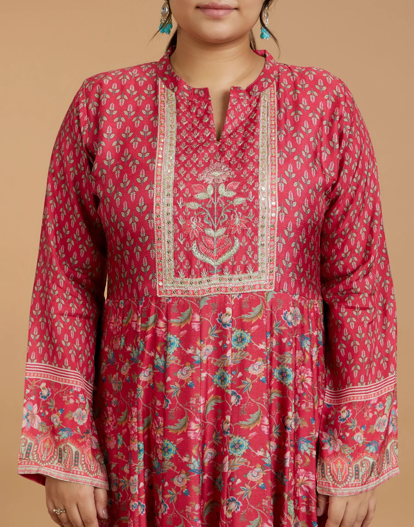 Rufous Red Kalamkari Printed Kurti With Hand Embroidered Yoke - Image 4