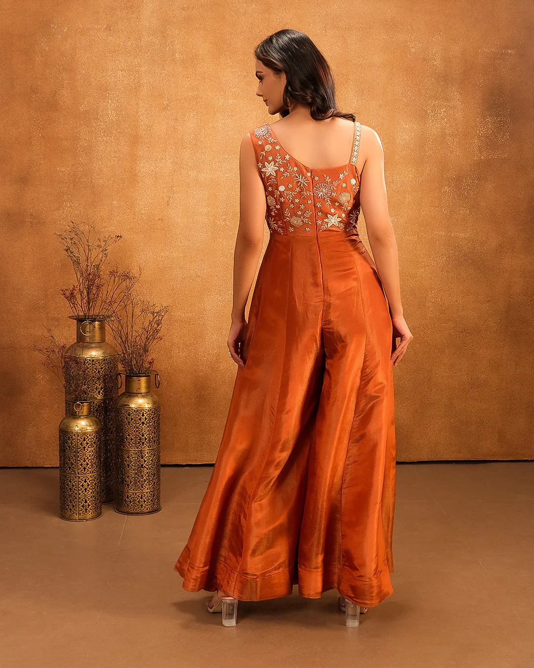 Rust Orange Embellished Tissue Silk Jumpsuit - Image 5