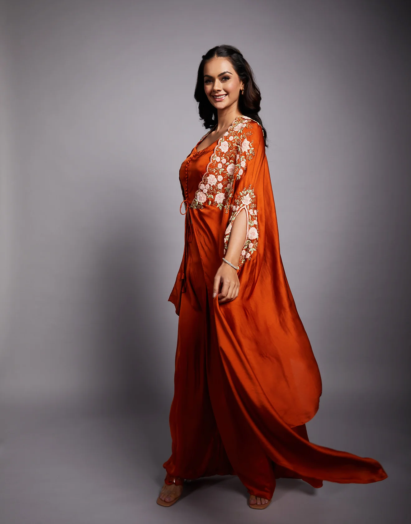 Rust Orange Embroidered Cape Set - Image 2