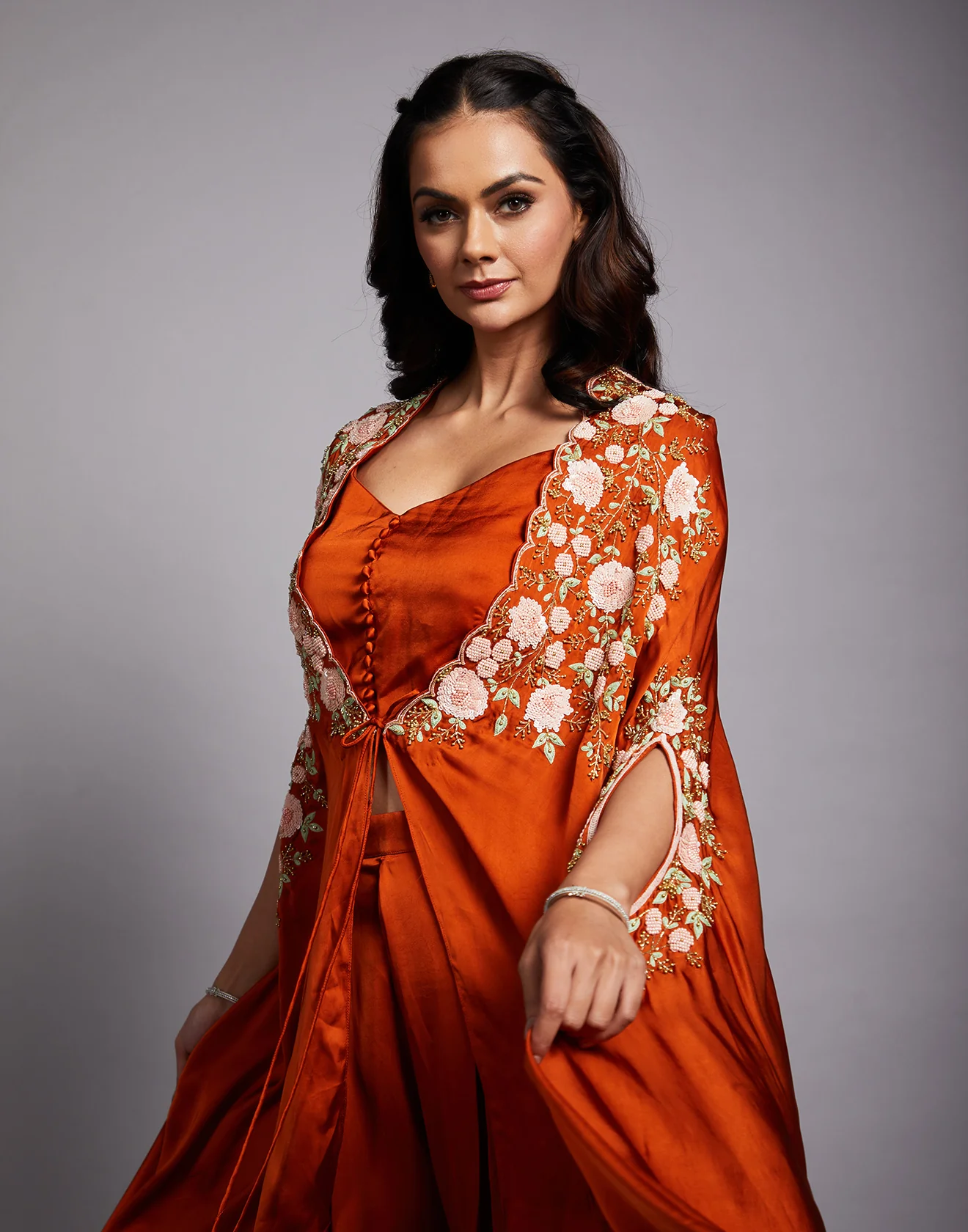 Rust Orange Embroidered Cape Set - Image 3