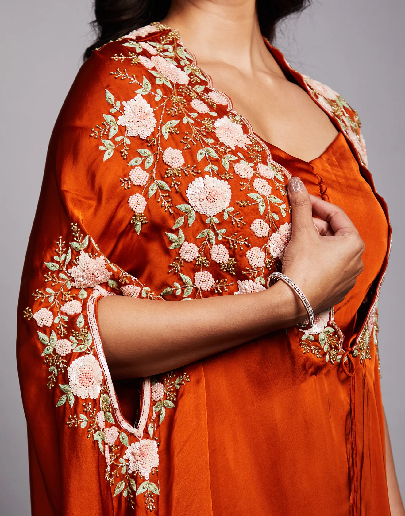 Rust Orange Embroidered Cape Set - Image 4