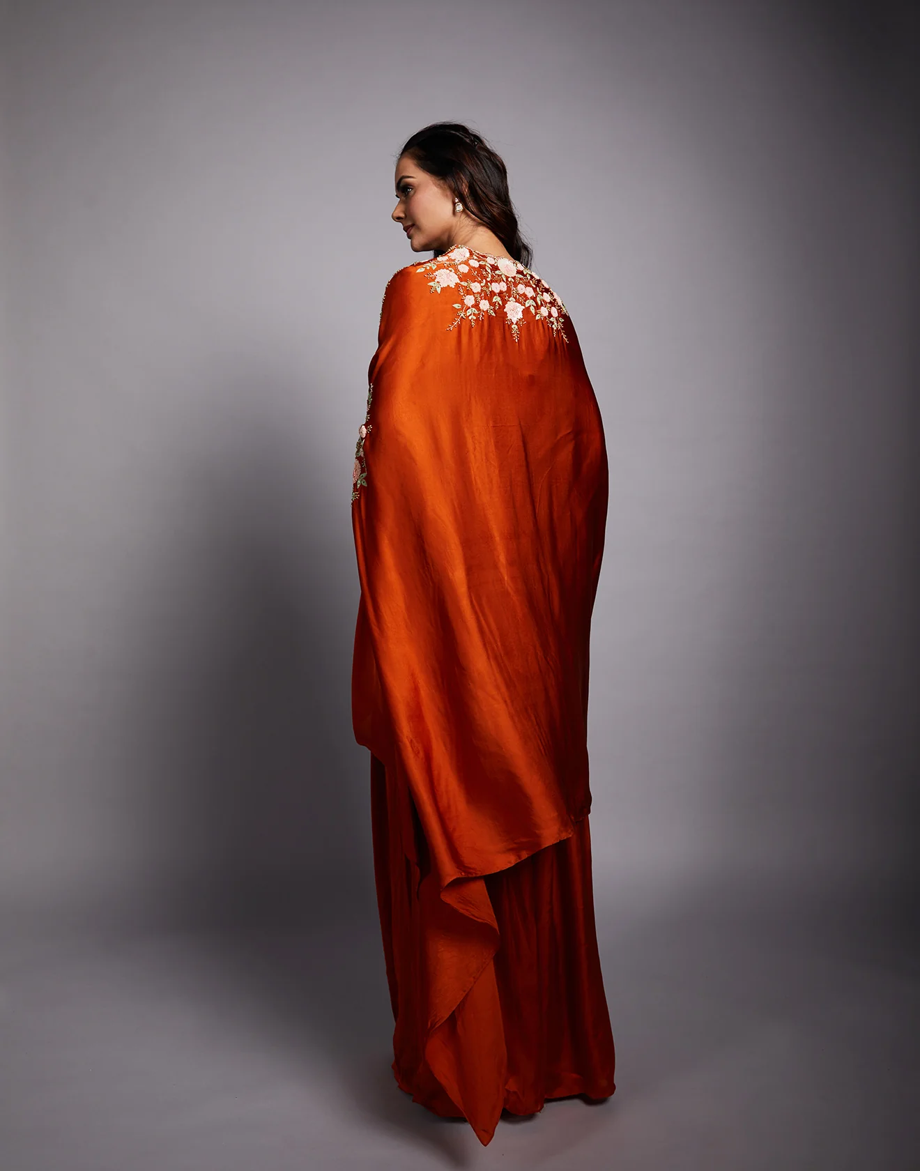 Rust Orange Embroidered Cape Set - Image 5