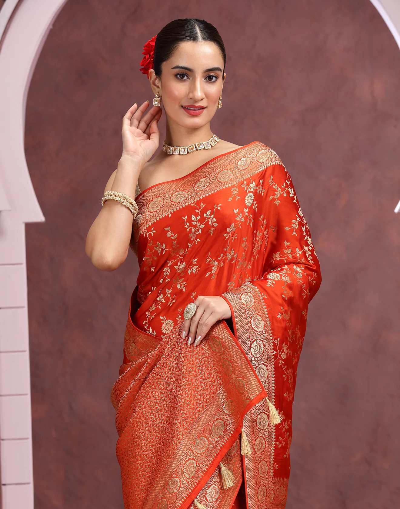 Rust Orange Floral Jaal Woven Dola Silk Saree - Image 3