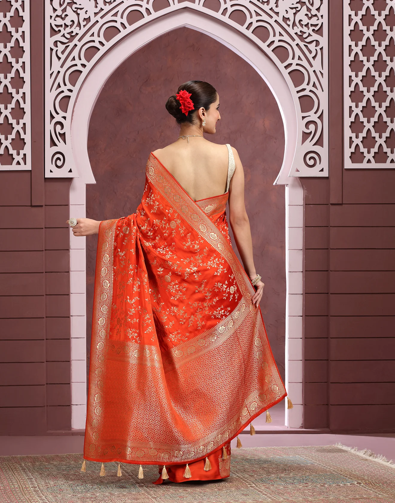 Rust Orange Floral Jaal Woven Dola Silk Saree - Image 4