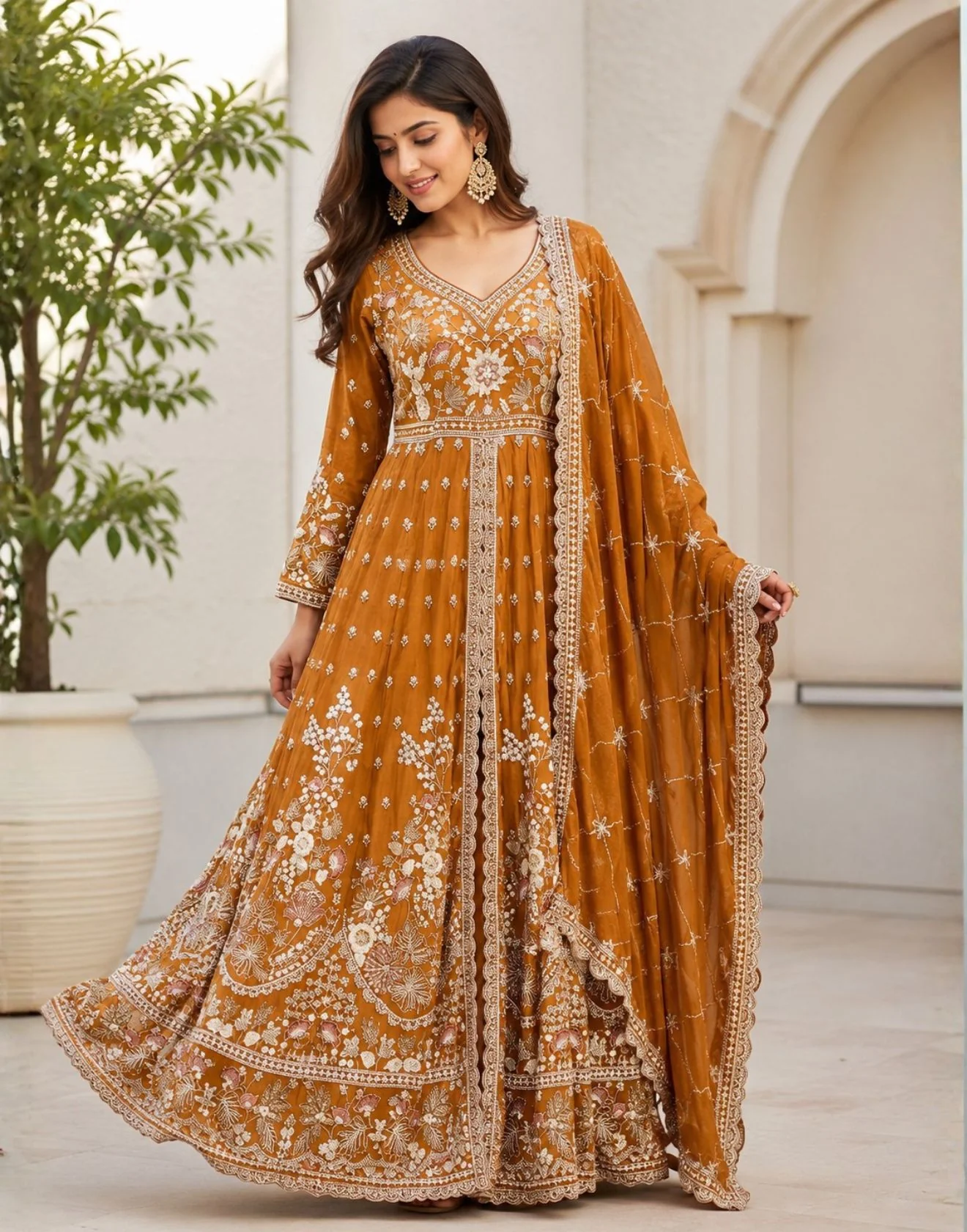 Rust Orange Silk Cutdana Embellished Anarkali Set