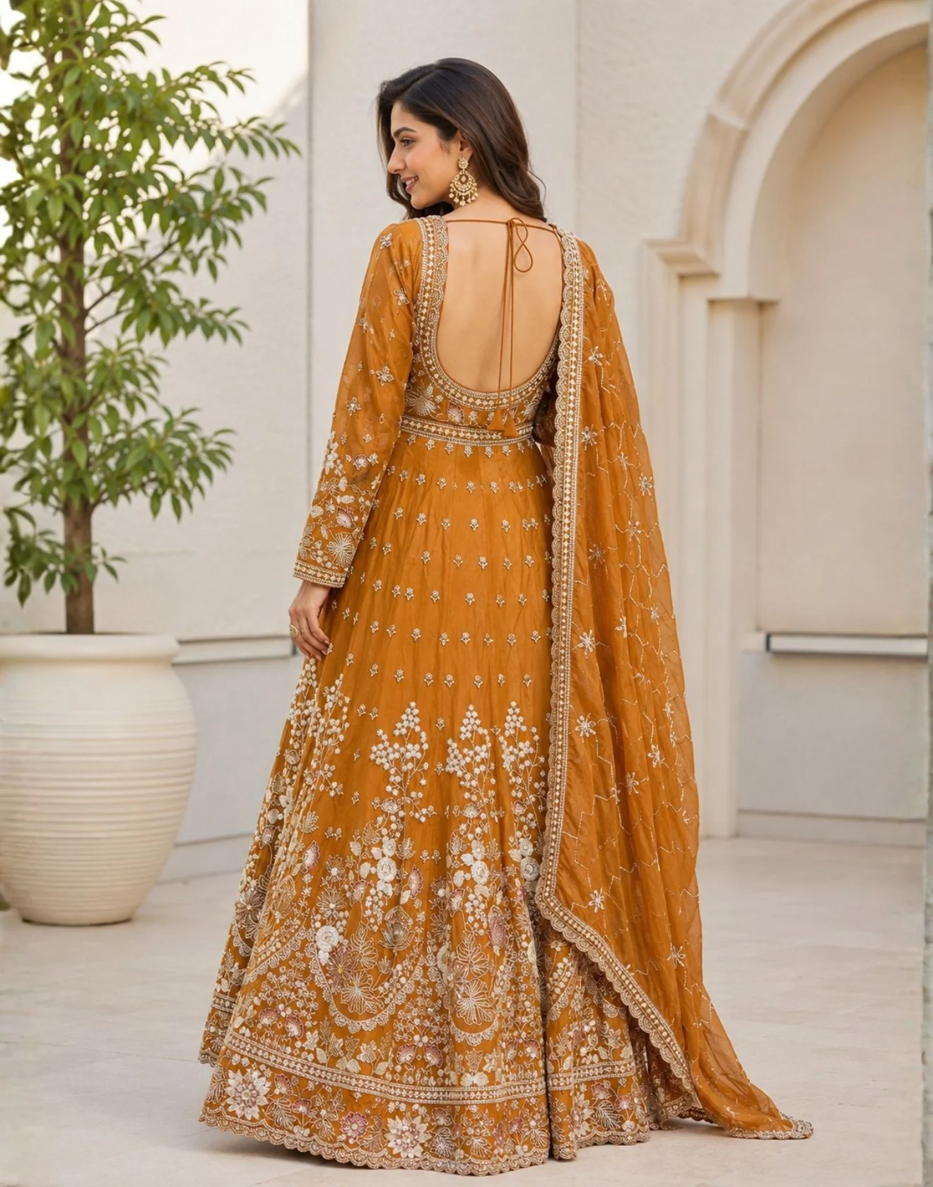 Rust Orange Silk Cutdana Embellished Anarkali Set - Image 2