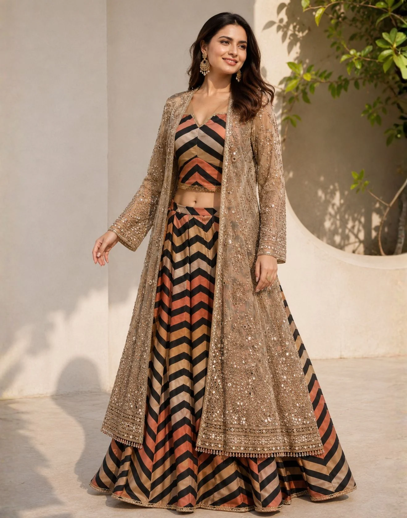 Rustic Chevrons Festive Lehenga Set With Embroidered Long Jacket