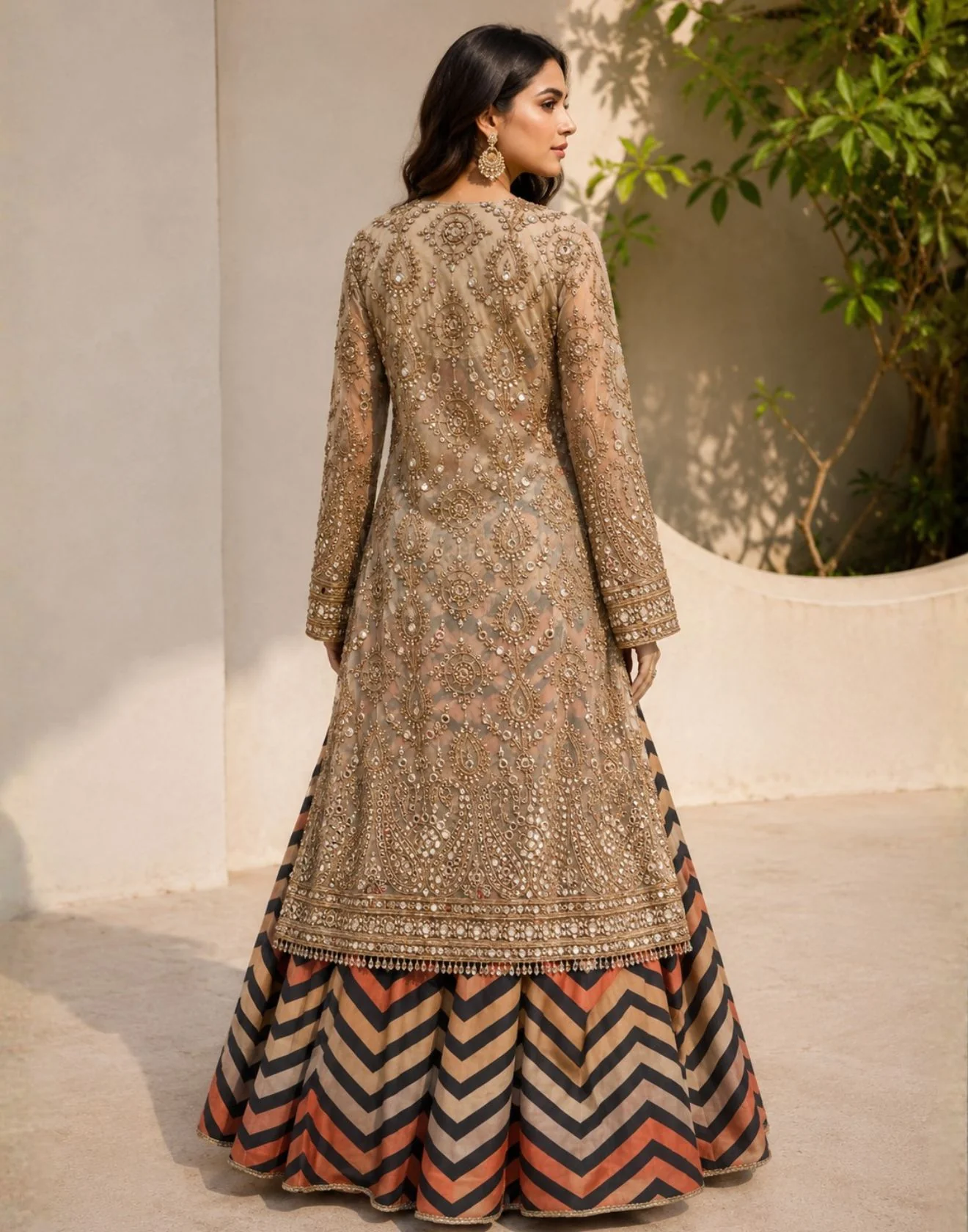 Rustic Chevrons Festive Lehenga Set With Embroidered Long Jacket - Image 2