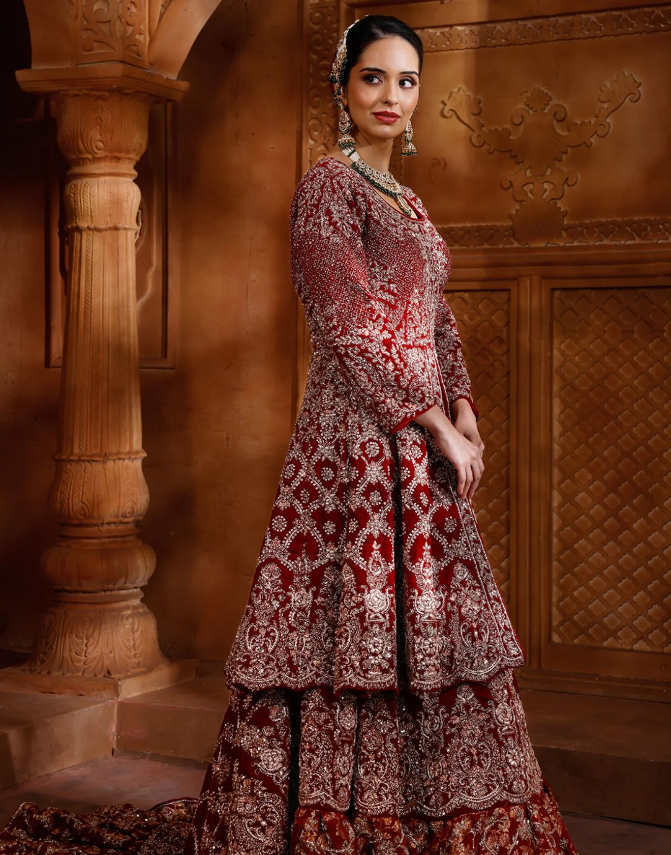 Sacred Maroon Hand Embroidered Bridal Farshi Lehenga Set - Image 2