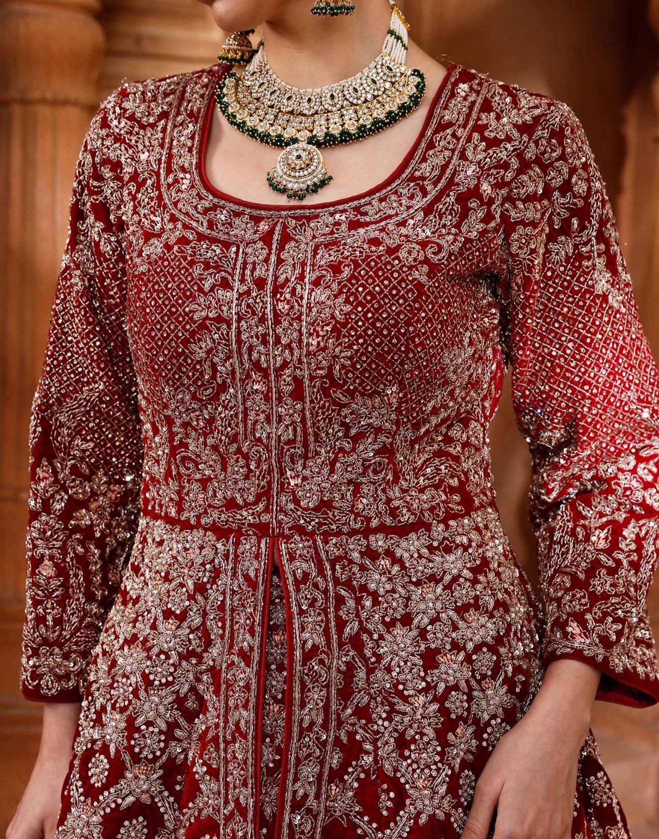 Sacred Maroon Hand Embroidered Bridal Farshi Lehenga Set - Image 3