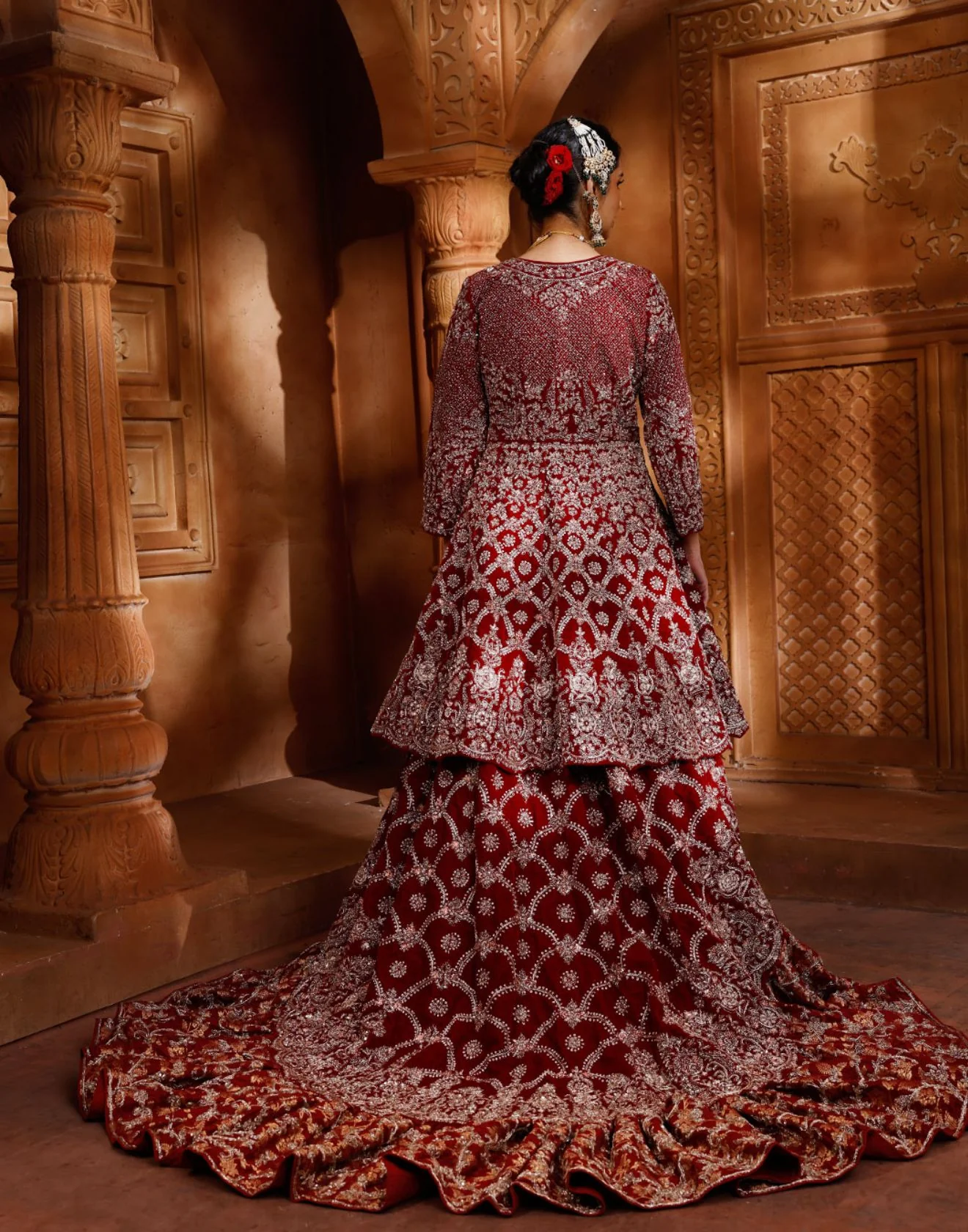 Sacred Maroon Hand Embroidered Bridal Farshi Lehenga Set - Image 4