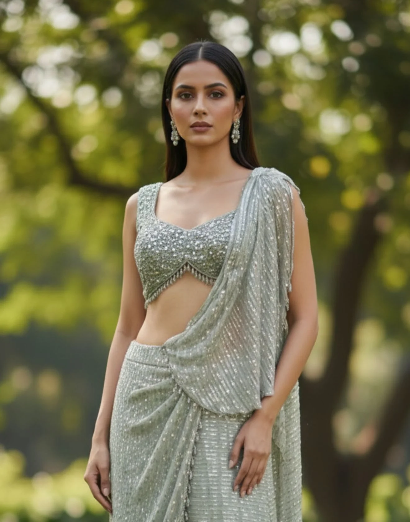 Sage Green Sequin Georgette Pre-Stitched Saree With Embellished Blouse - Image 2