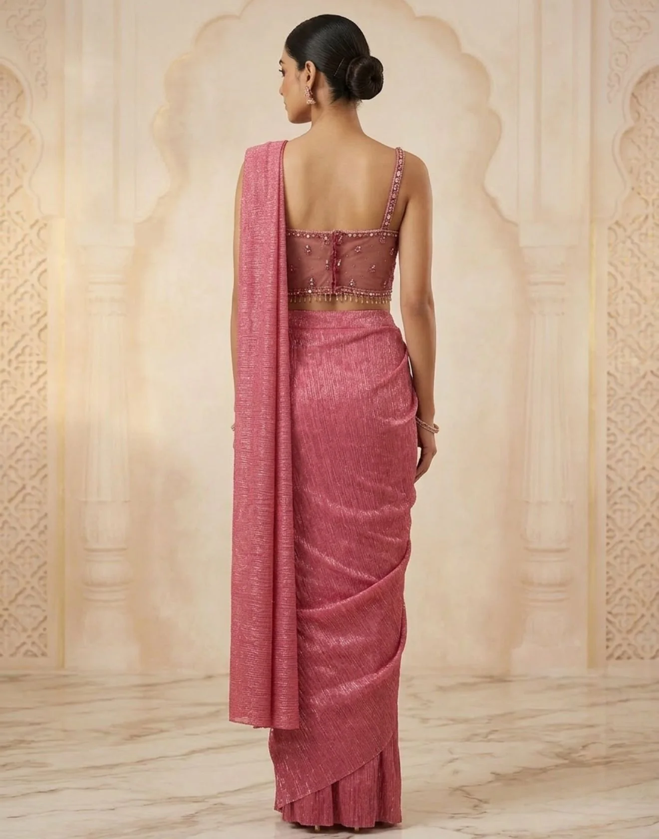 Rosé Pop Textured Lycra Pre-Drape Saree With Embellished Blouse - Image 2