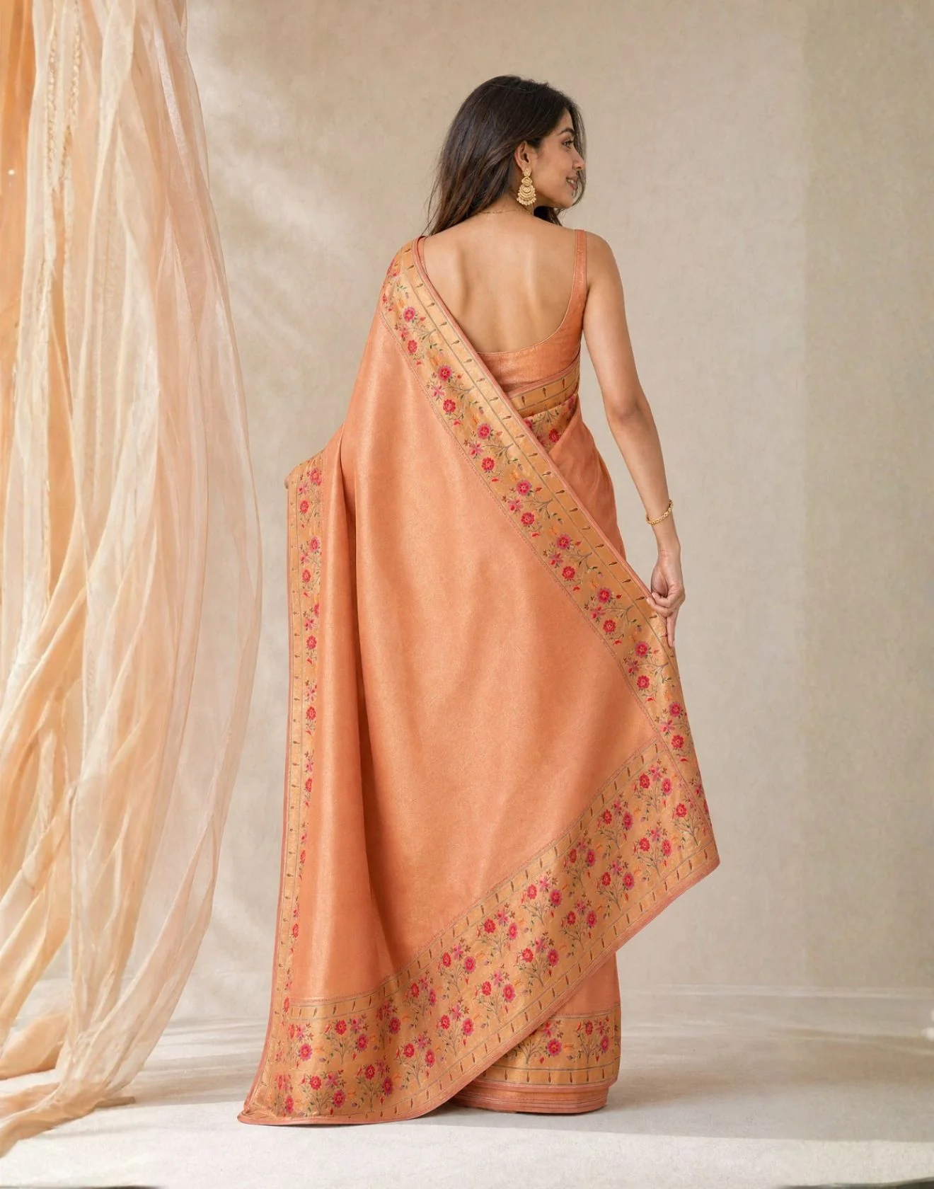 Salmon Peach Blended Tissue Silk Meenakari Paithani Saree - Image 3