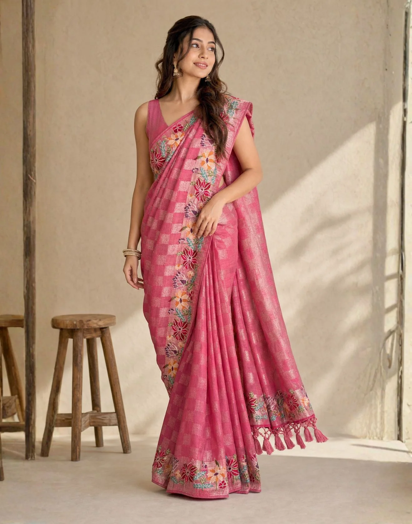 Salmon Peach Checkered Tissue Silk Saree