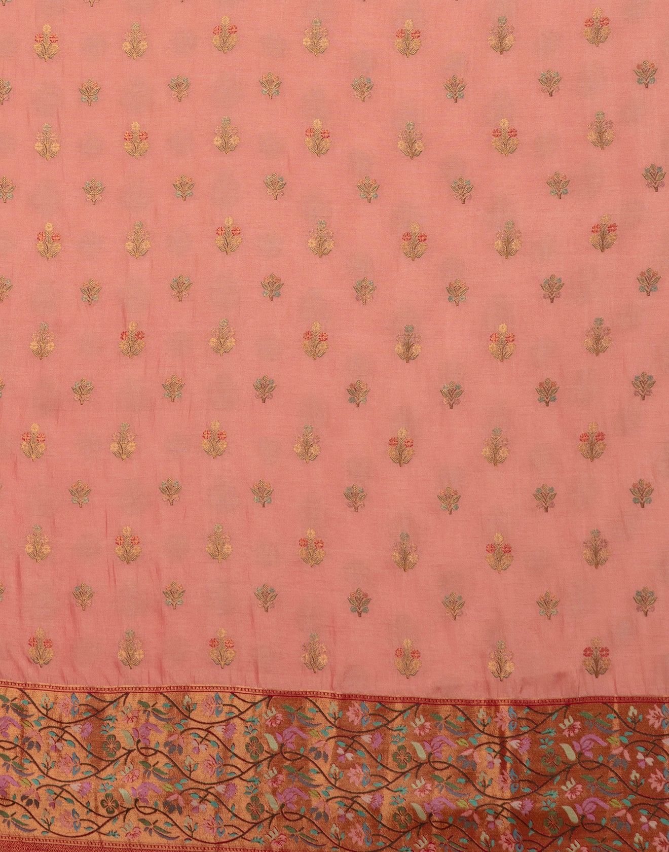 Salmon Peach With Berry Pink Woven Design Unstitched Suit Set In Silk - Image 3