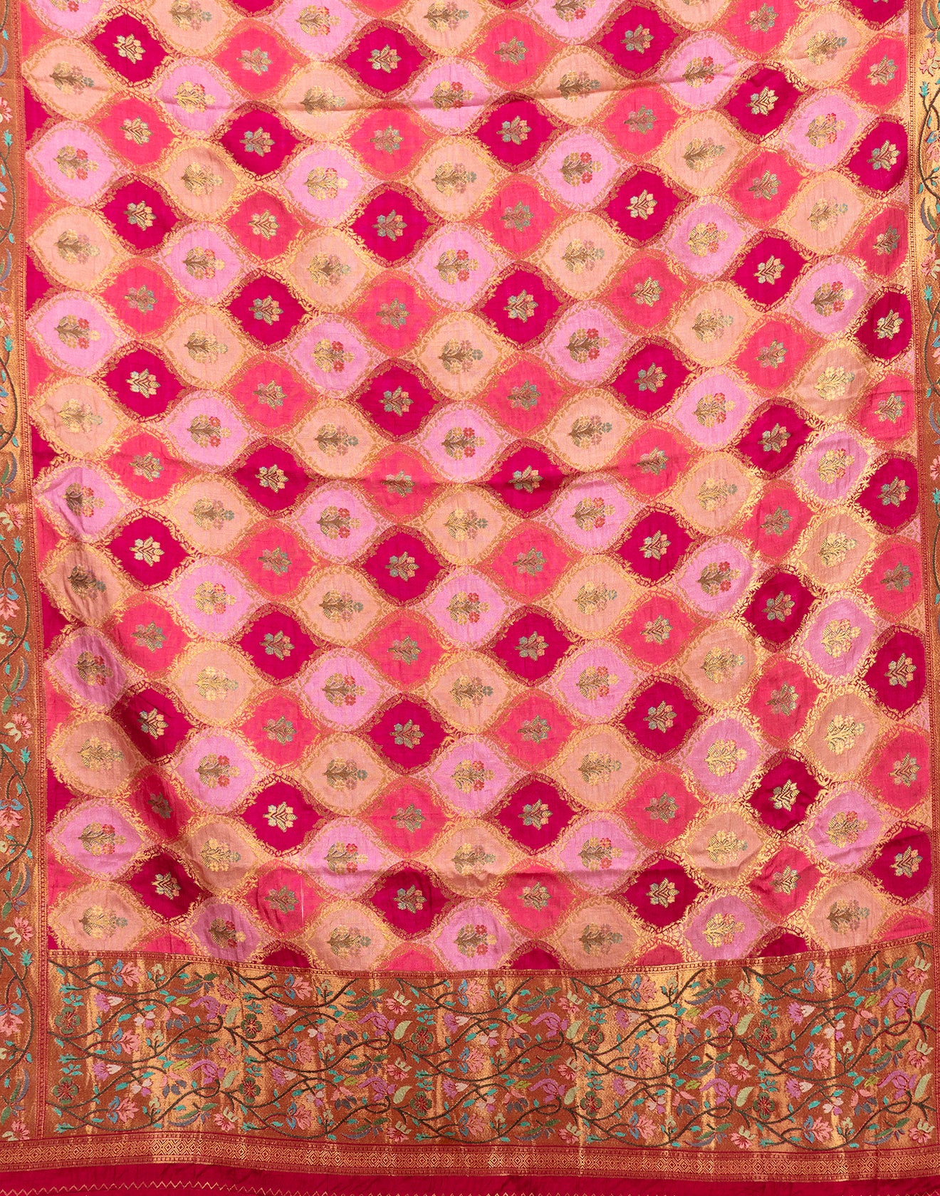 Salmon Peach With Berry Pink Woven Design Unstitched Suit Set In Silk - Image 5