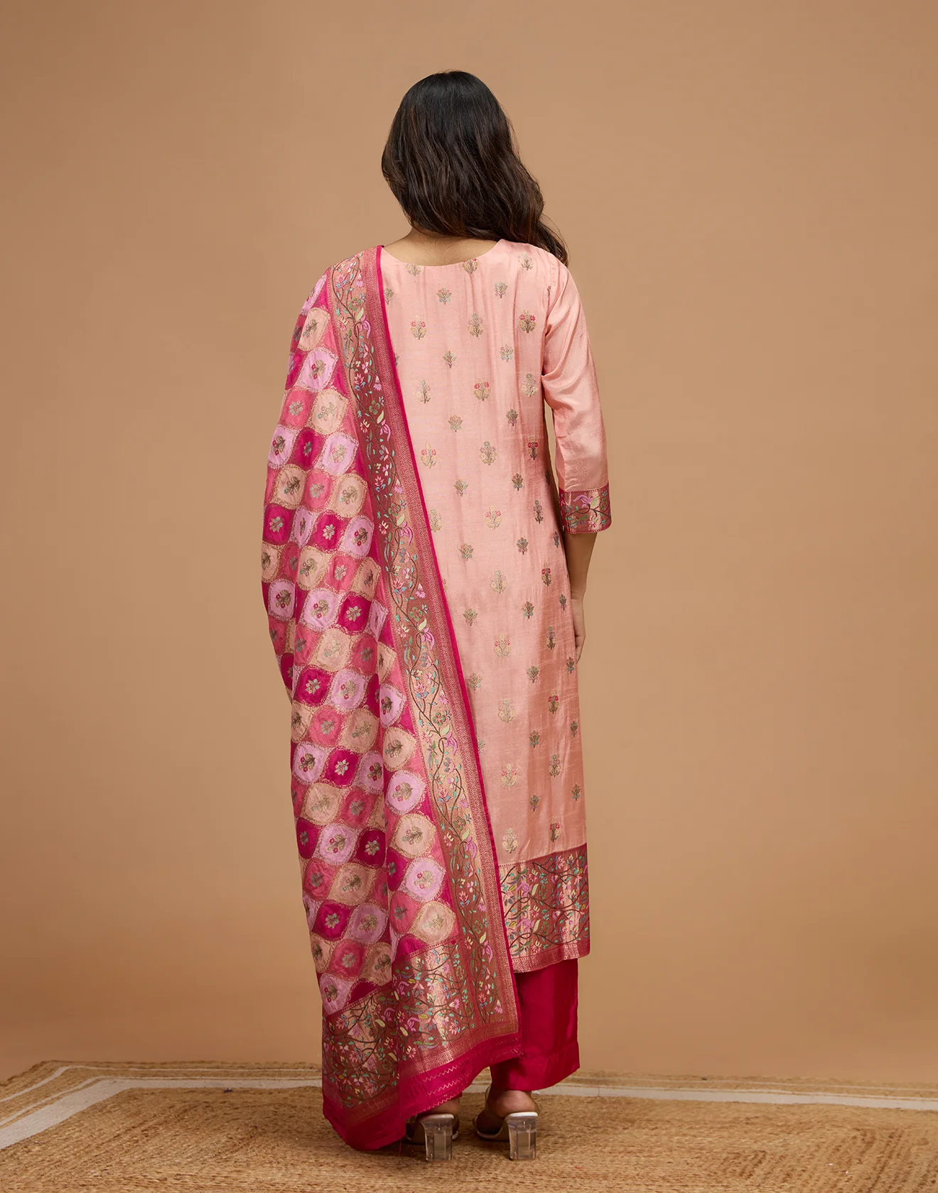 Salmon Peach With Berry Pink Woven Design Unstitched Suit Set In Silk - Image 6