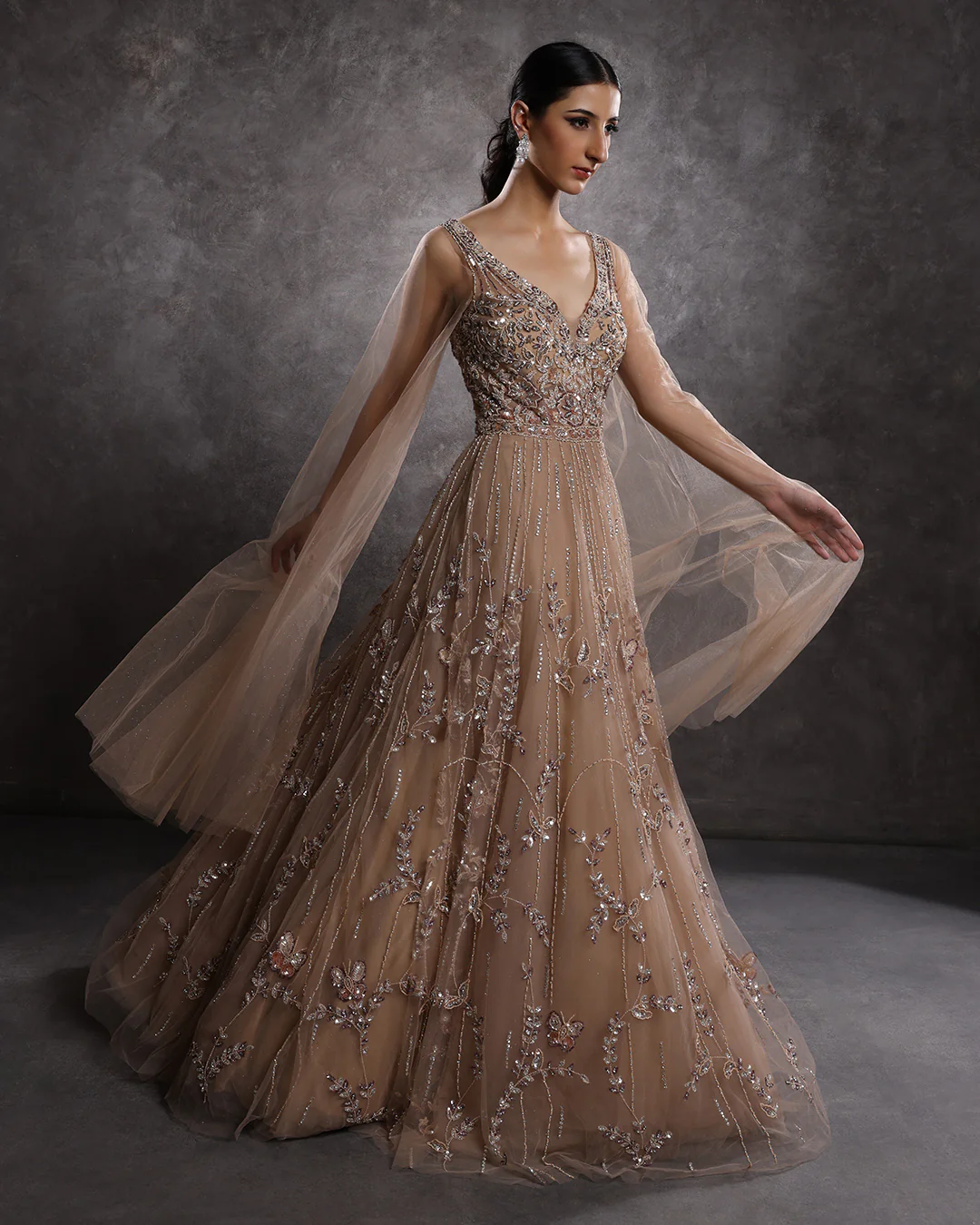 Sandy Walnut Embellished Gown With Flared Drape Sleeves - Image 2