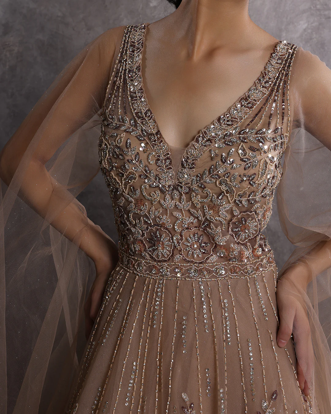 Sandy Walnut Embellished Gown With Flared Drape Sleeves - Image 3