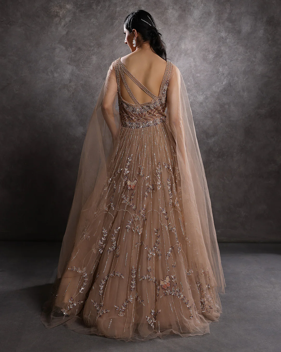 Sandy Walnut Embellished Gown With Flared Drape Sleeves - Image 4