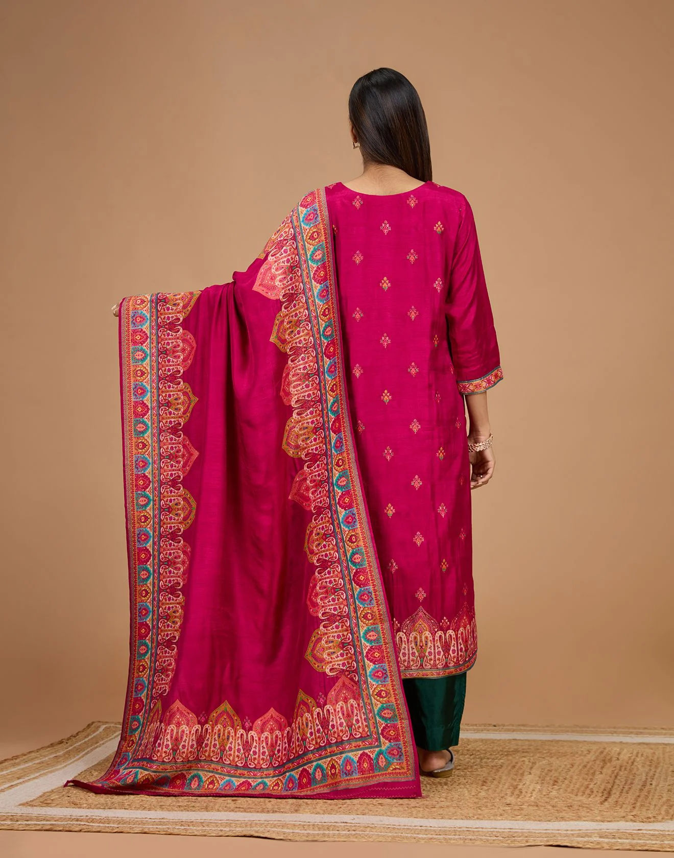 Sangria Pink With Multicolor Woven Design Silk Unstitched Suit Set - Image 6
