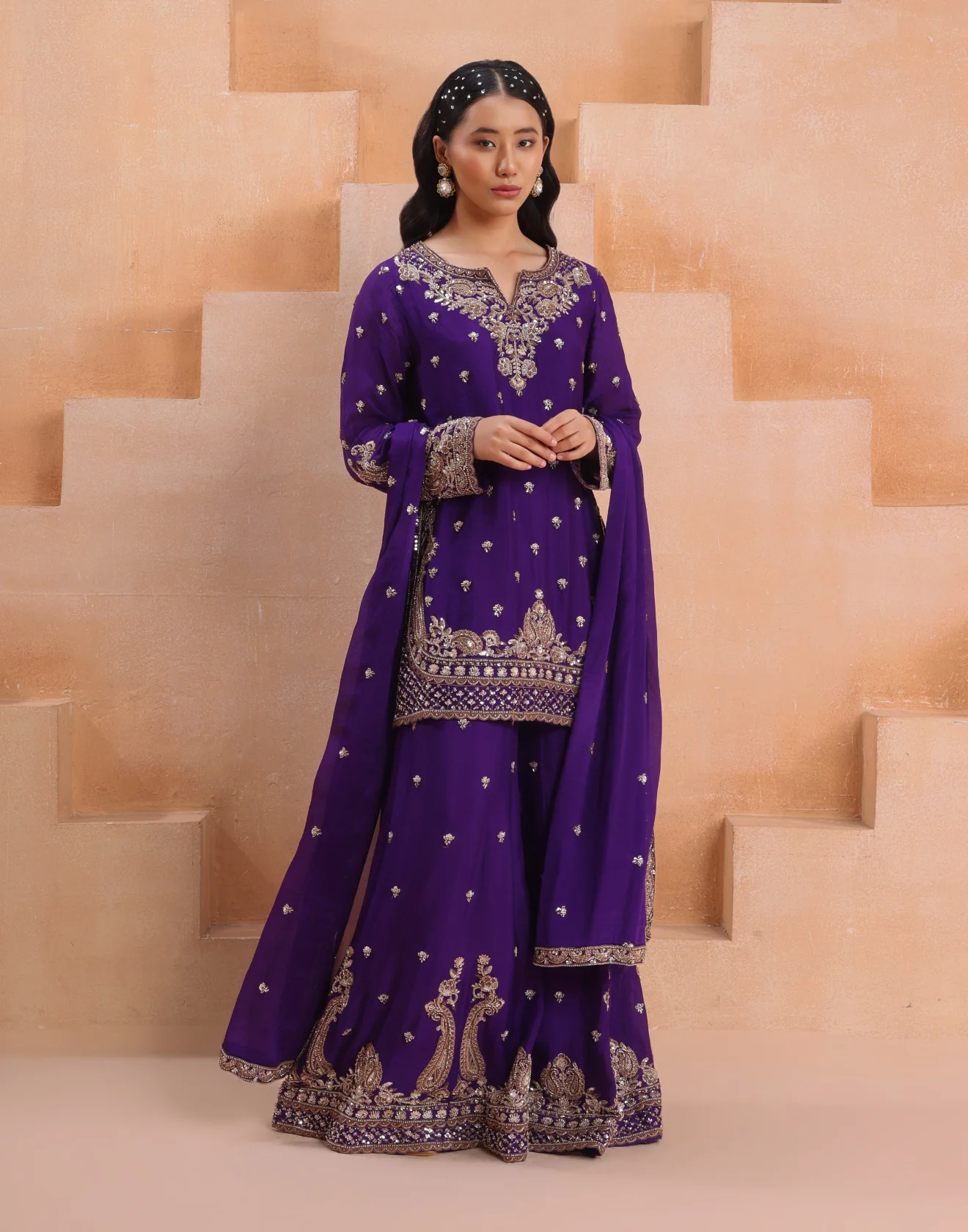 Sapphire Plum Antique Hande Embroidered Festive Palazzo Suit Set