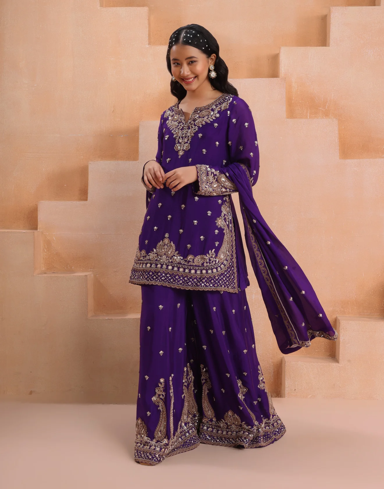 Sapphire Plum Antique Hande Embroidered Festive Palazzo Suit Set - Image 2
