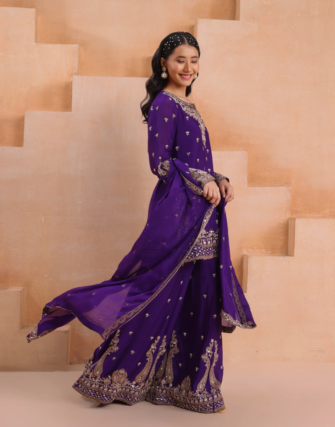 Sapphire Plum Antique Hande Embroidered Festive Palazzo Suit Set - Image 3
