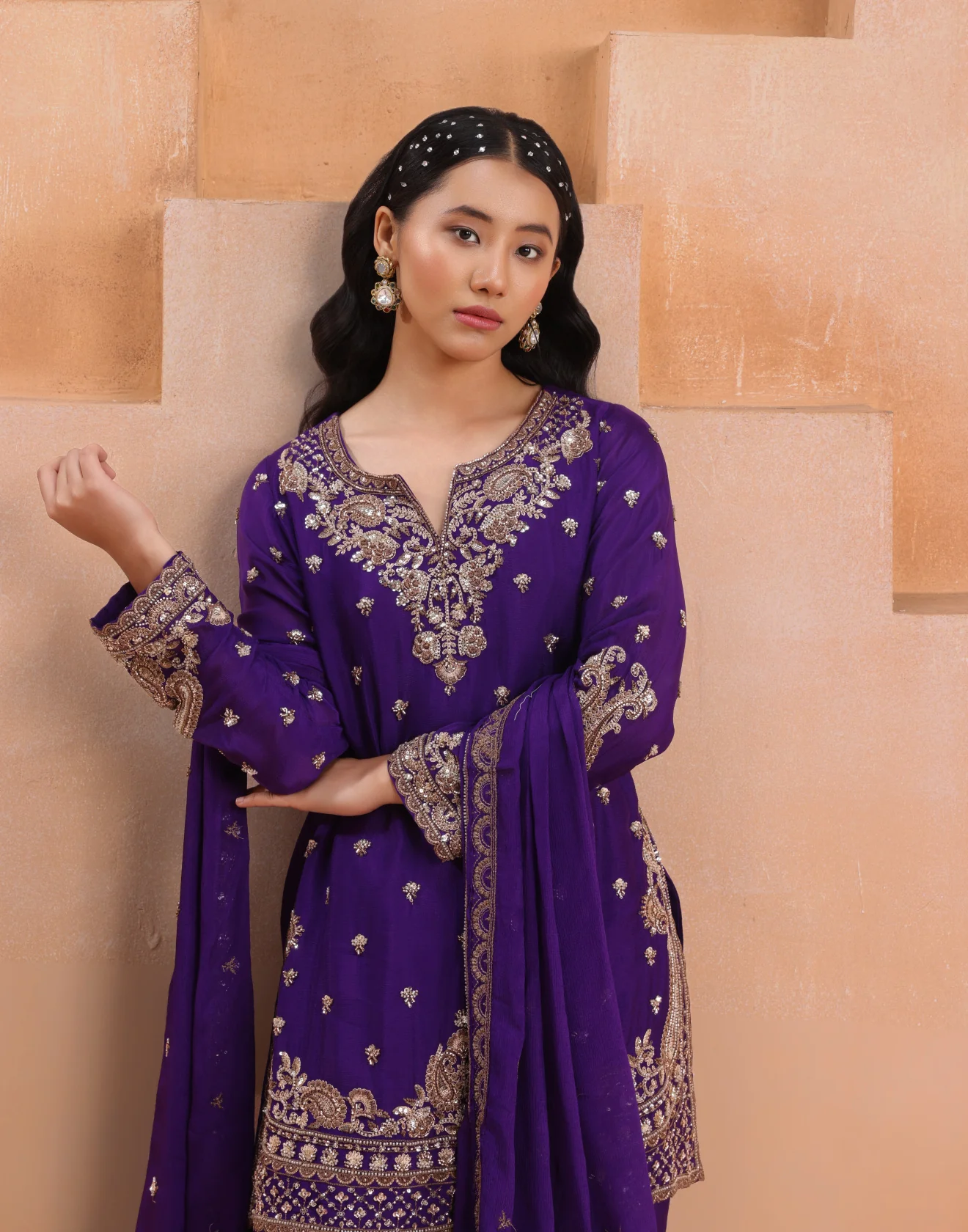 Sapphire Plum Antique Hande Embroidered Festive Palazzo Suit Set - Image 4