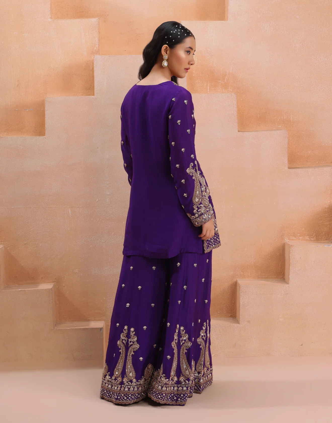 Sapphire Plum Antique Hande Embroidered Festive Palazzo Suit Set - Image 5