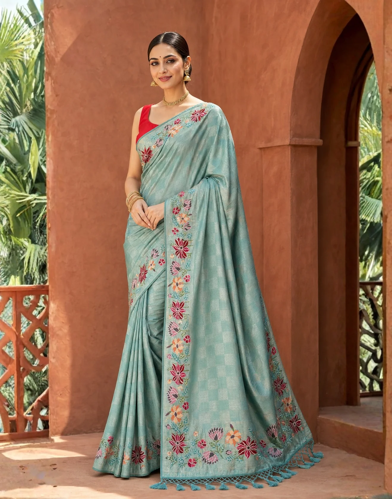 Sea Green Checkered Tissue Silk Saree With Embroidered Border