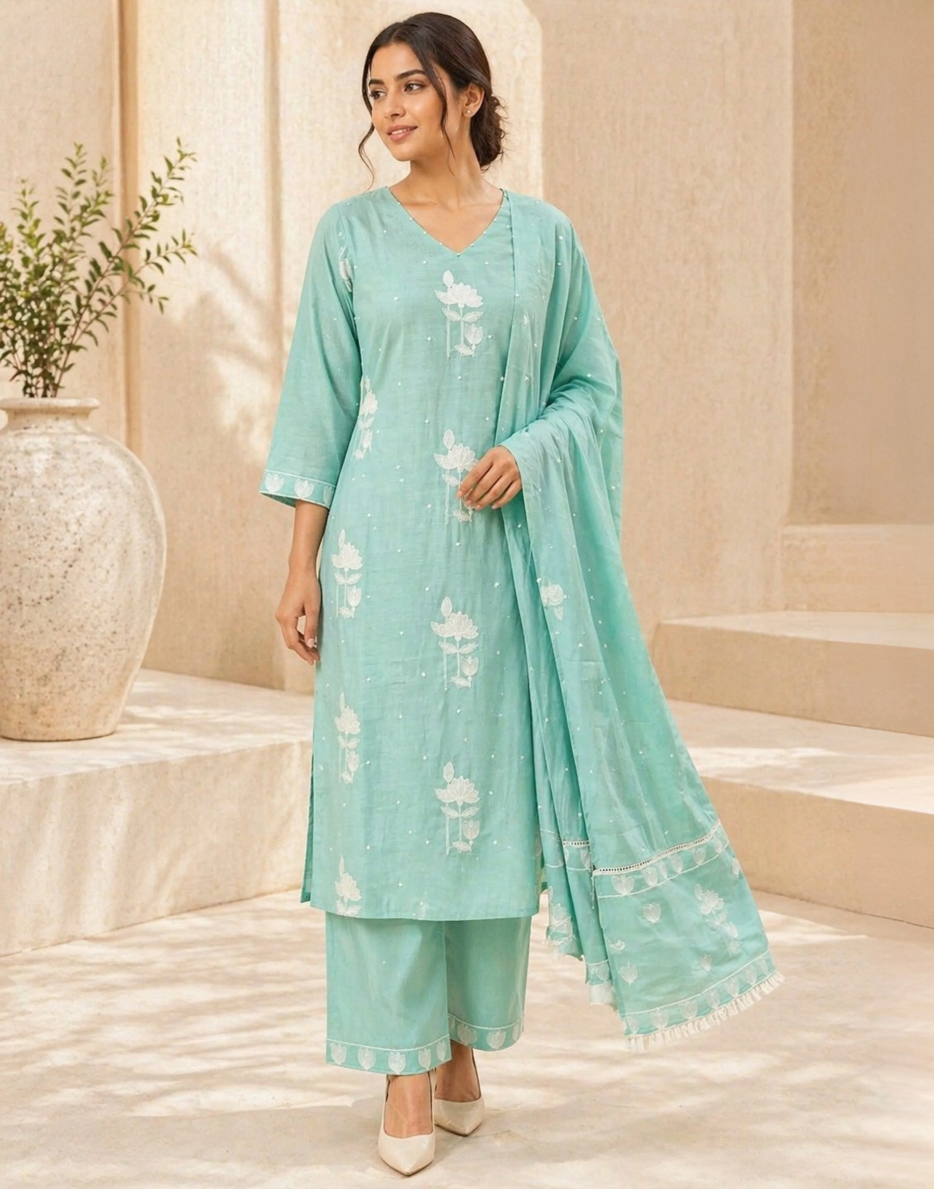 Sea Green Printed Linen Casual Wear Kurta Set