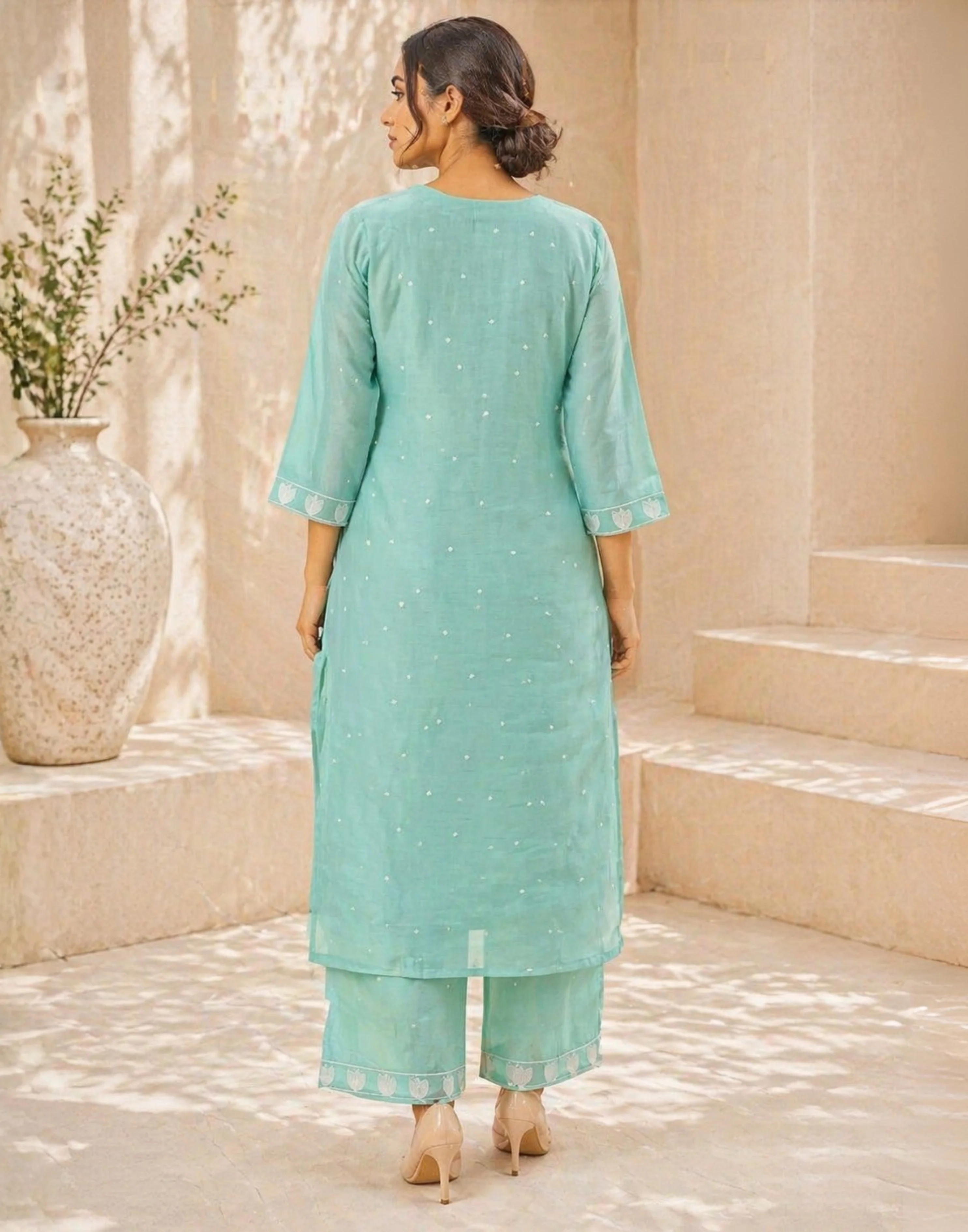 Sea Green Printed Linen Casual Wear Kurta Set - Image 3