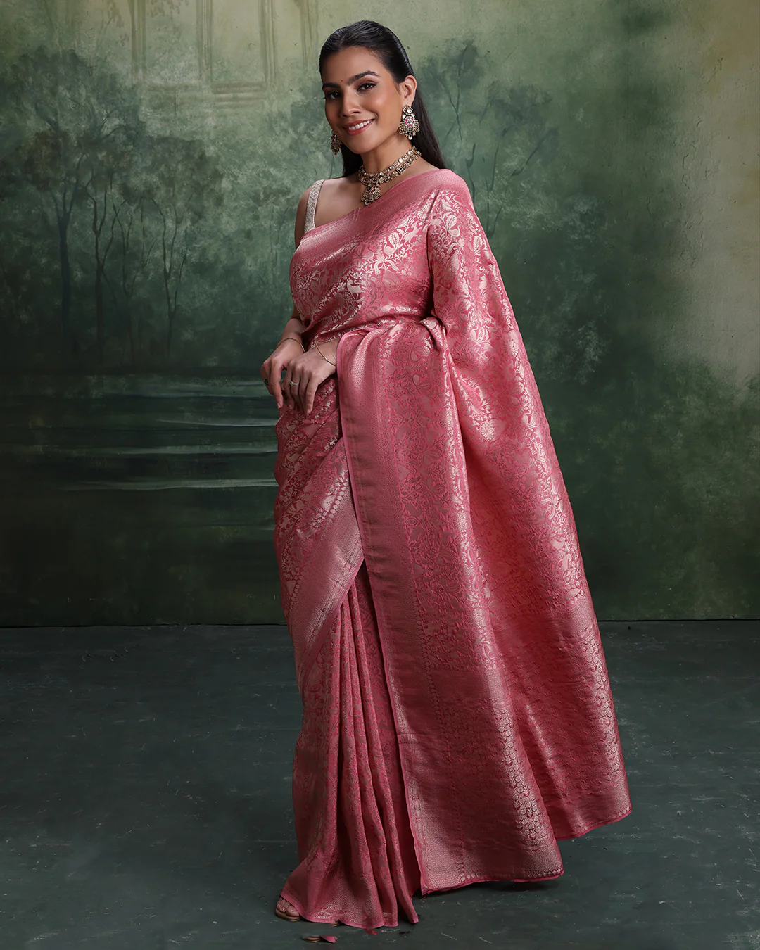 Serene Forest Weave Silk Saree With Unstitched Blouse Fabric - Image 2