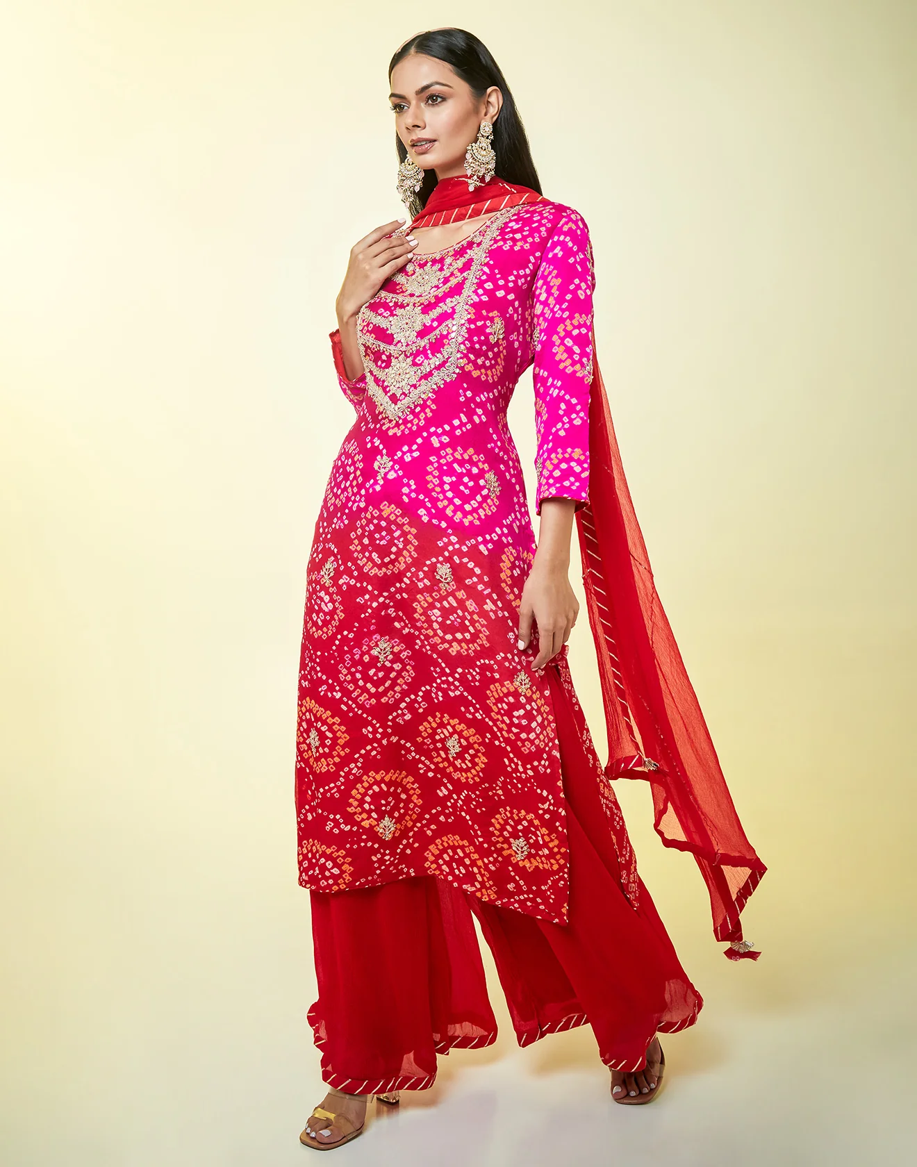 Shaded Hot Pink And Brick Red Bandhani Palazzo Suit Set - Image 3