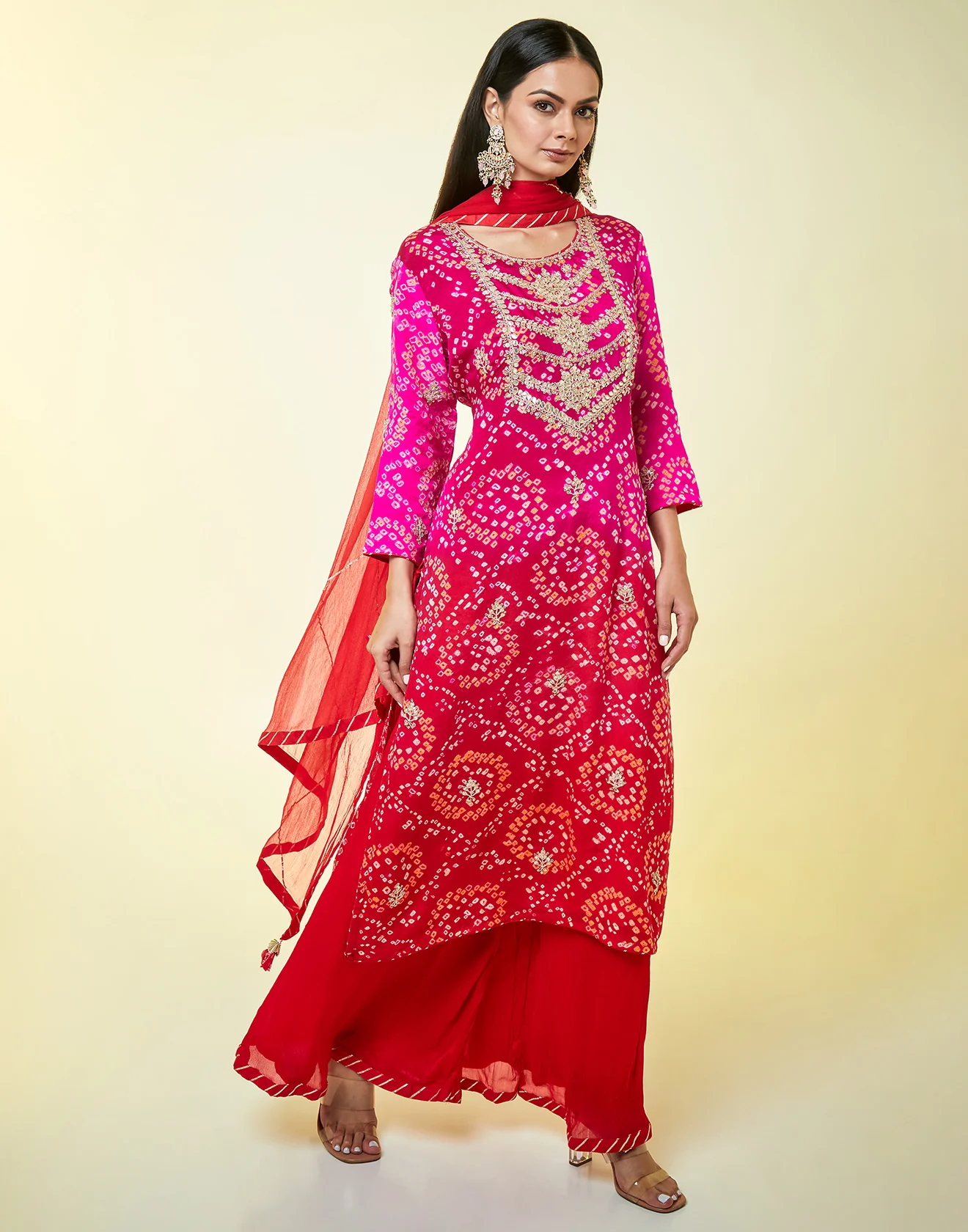 Shaded Hot Pink And Brick Red Bandhani Palazzo Suit Set - Image 4