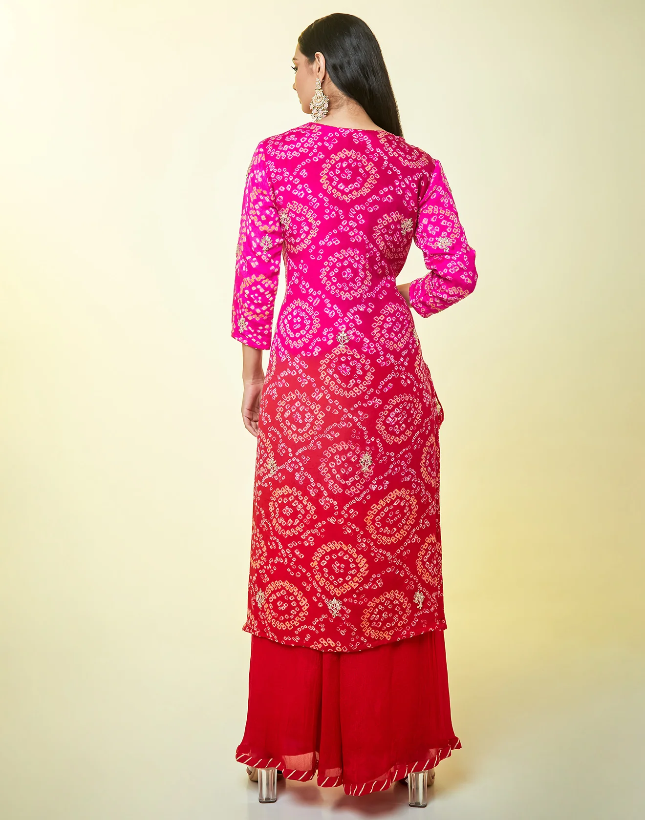 Shaded Hot Pink And Brick Red Bandhani Palazzo Suit Set - Image 5