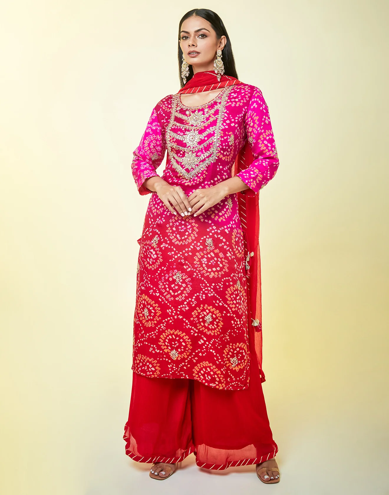 Shaded Hot Pink And Brick Red Bandhani Palazzo Suit Set - Image 6